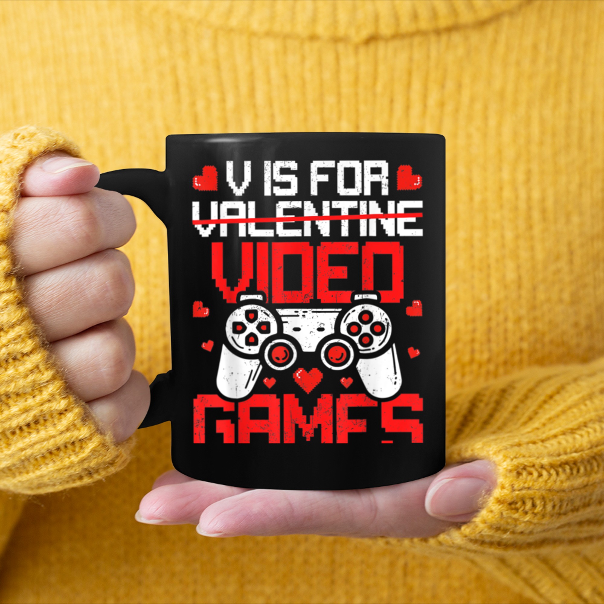 V Is For Video Games Funny Valentine's Day Gamer Boys Men (4) mug black