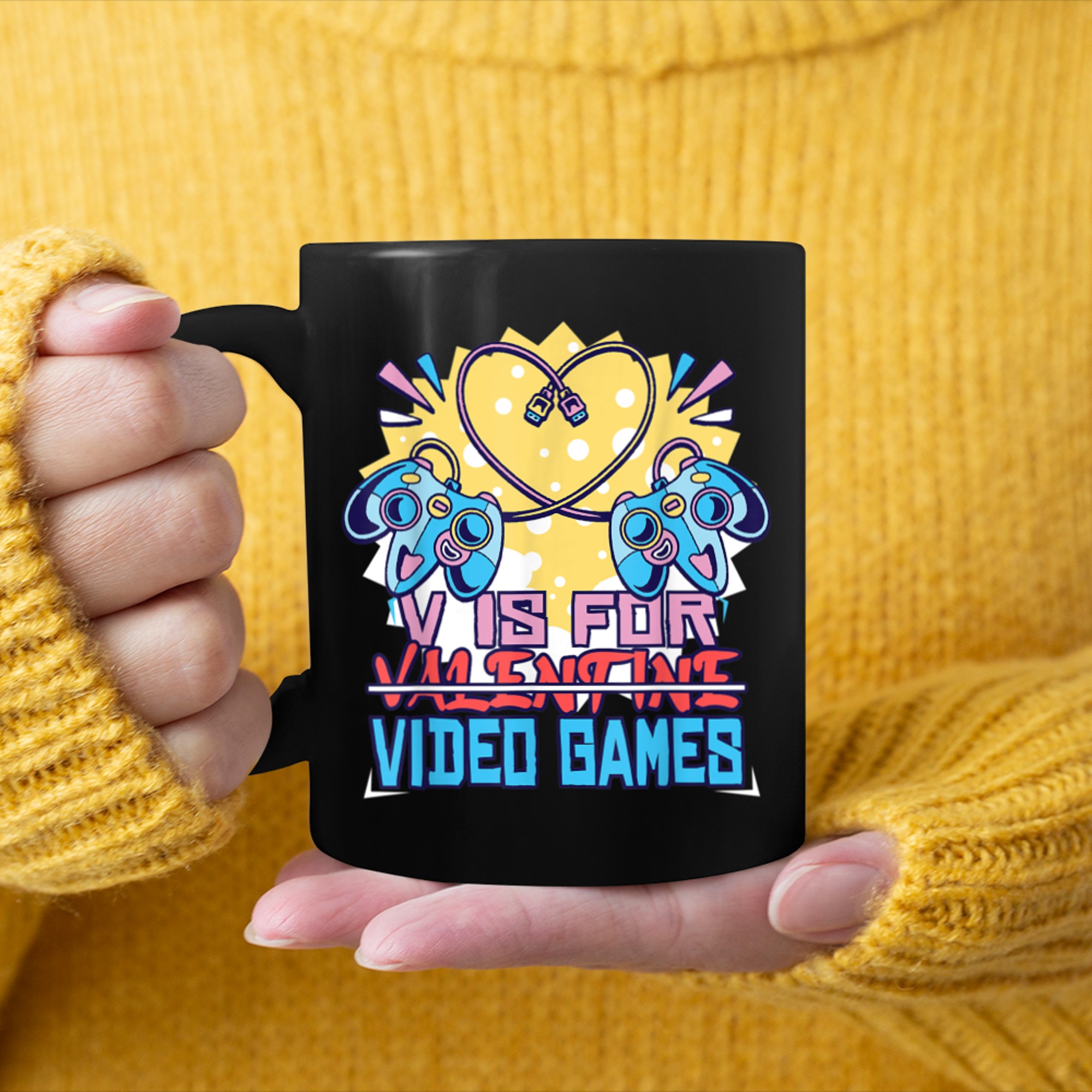 V Is For Video Games Funny Valentines Day Gamer Boys mug black