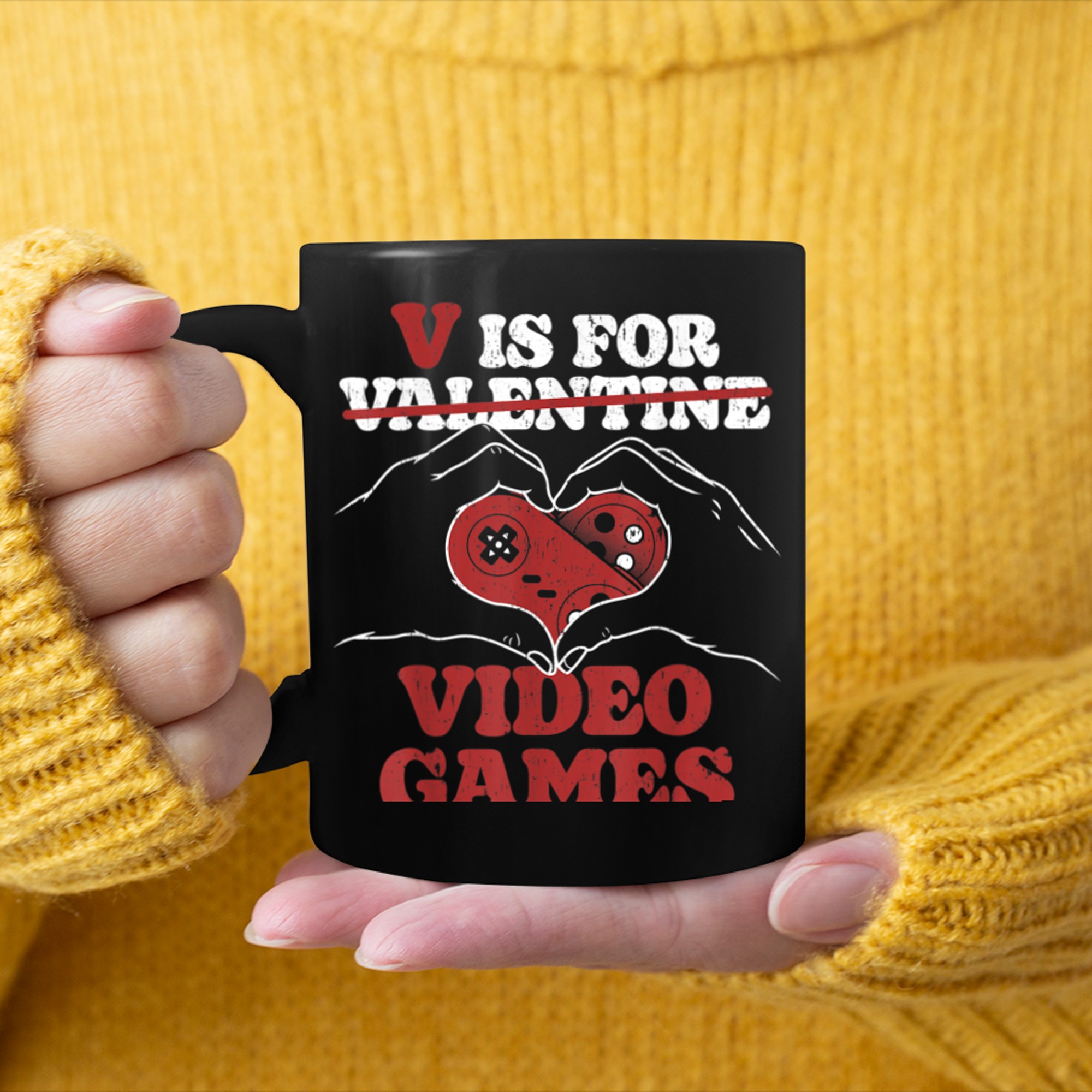 V Is For Video Games Funny Valentines Day Gamer Couple mug black