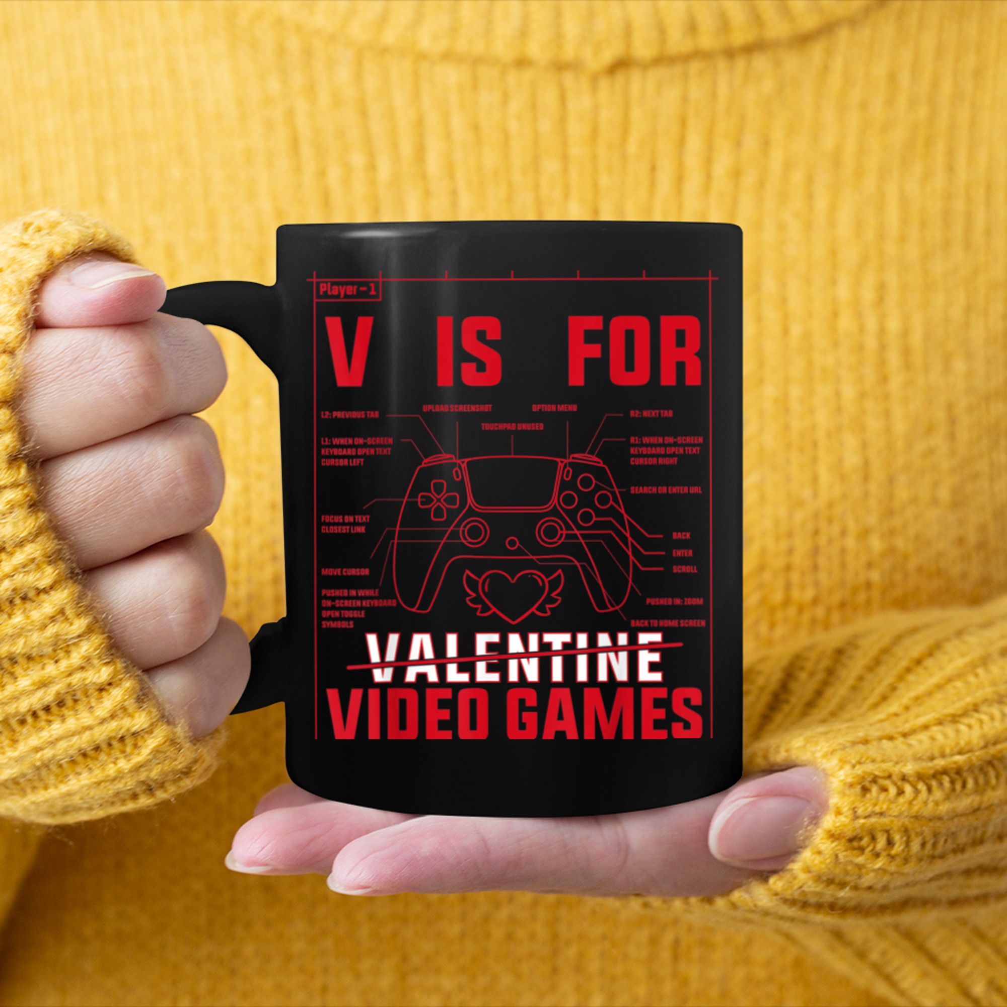 V Is For Video Games Funny Valentines Day Gamer Couples Men mug black