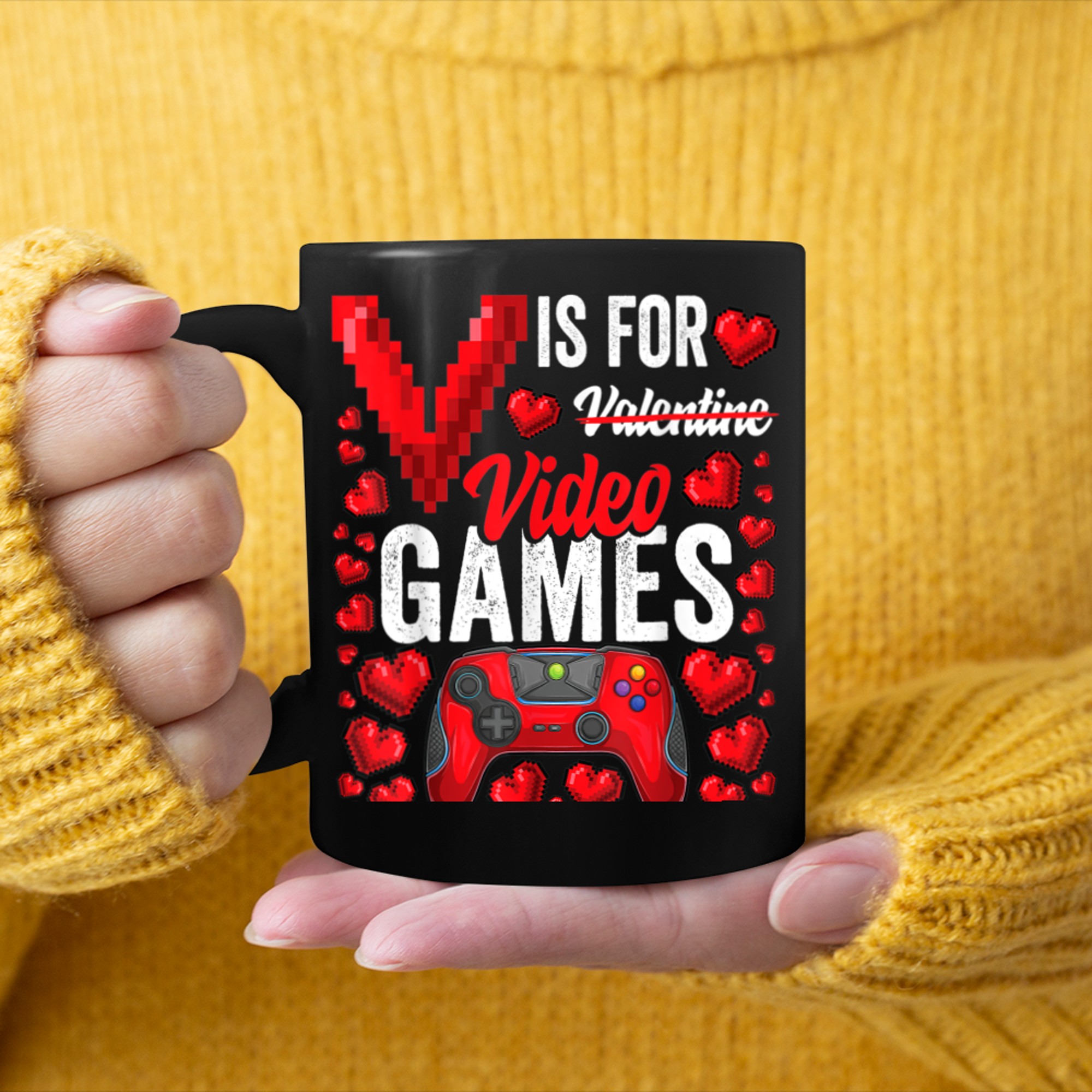 V Is For Video Games Funny Valentines Day Gamer for him Men mug black