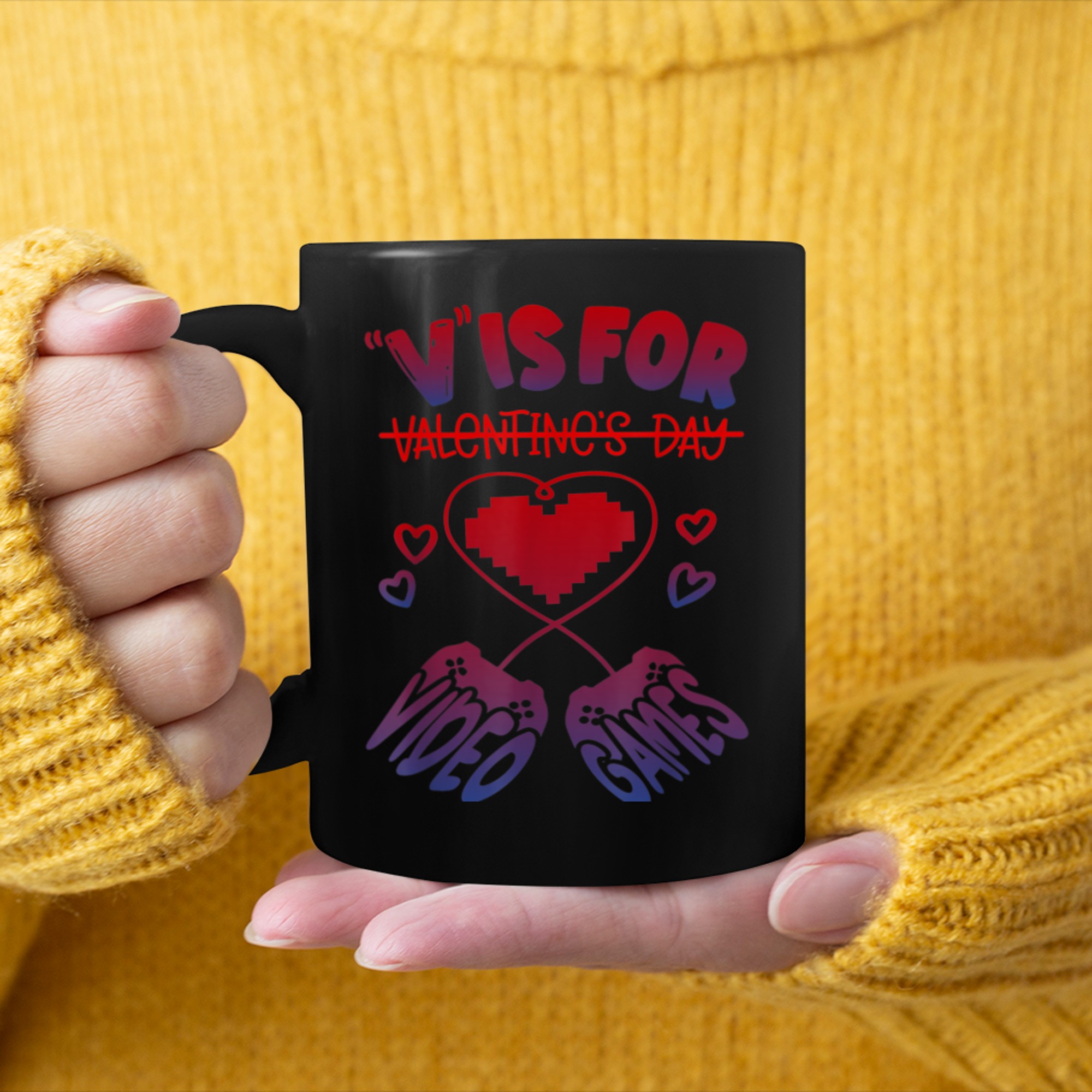 V Is For Video Games Funny Valentine's Day Gamer Gaming Kids mug black