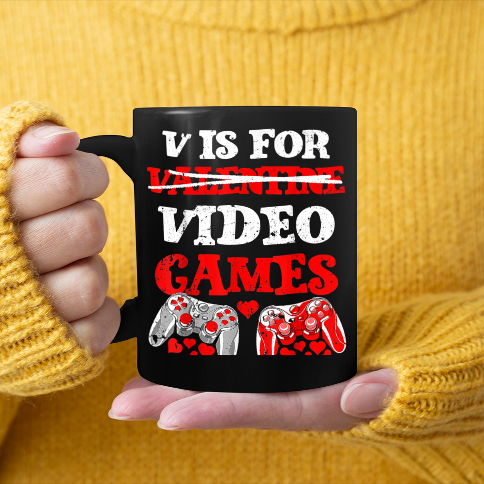 V Is For Video Games Funny Valentines Day Gamer Gamings mug black