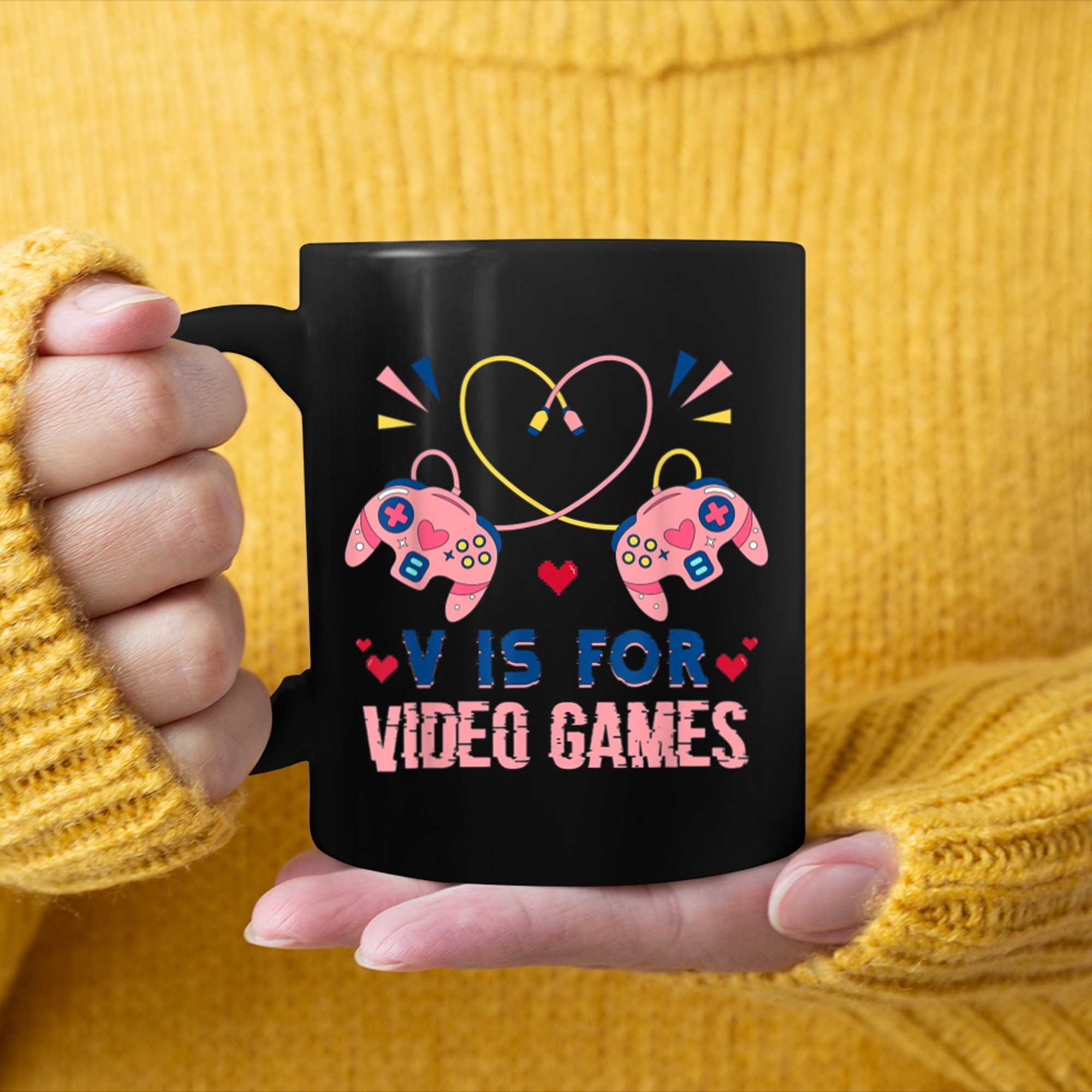 V Is For Video Games Funny Valentines Day Gamer girls mug black