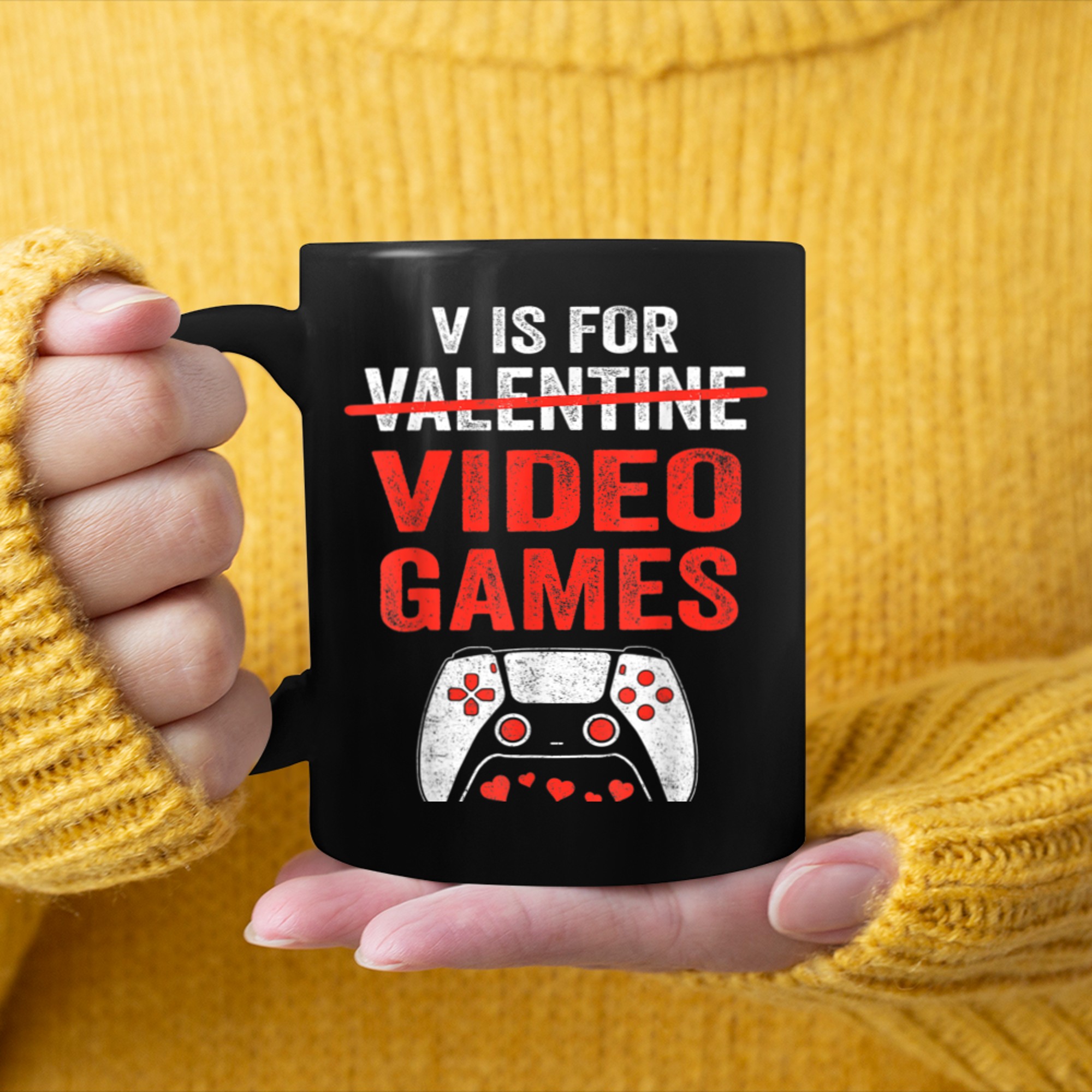 V Is For Video Games Funny Valentines Day Gamer Kids Men mug black