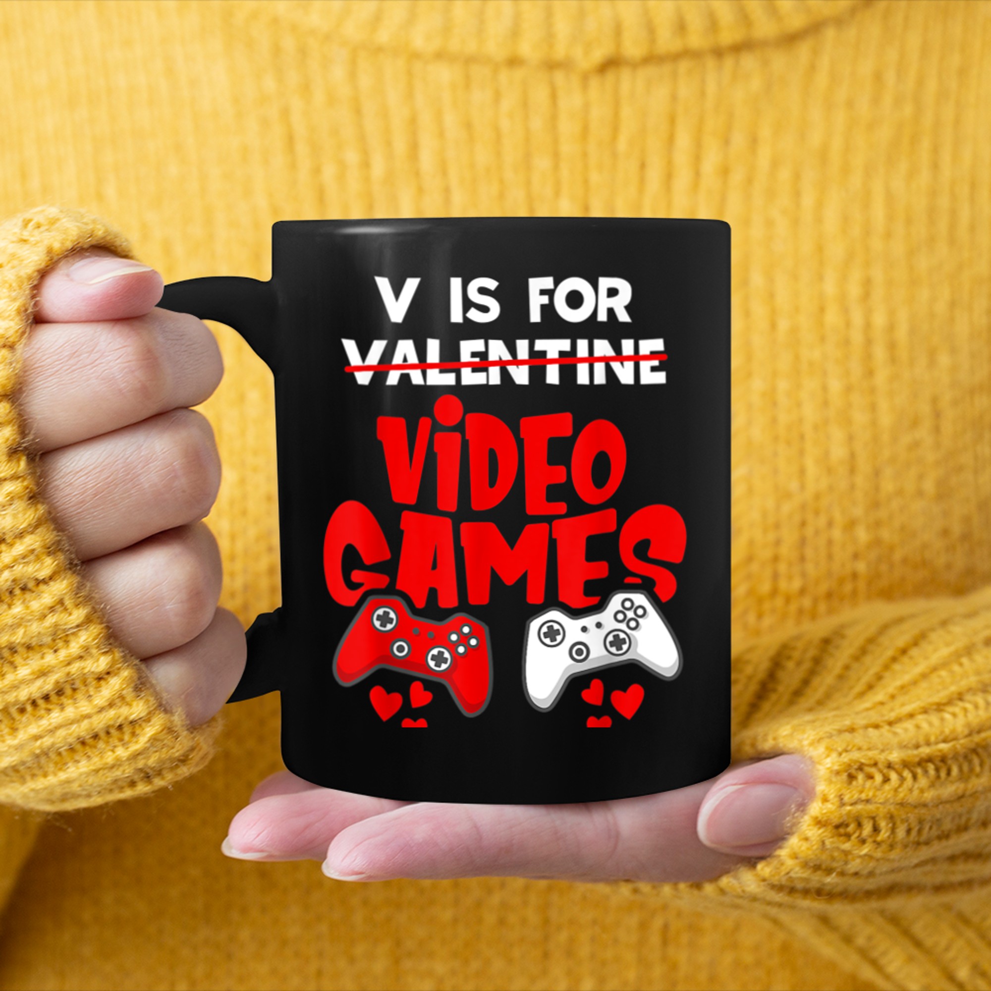 V Is For Video Games Funny Valentines Day Gamer Men Him mug black