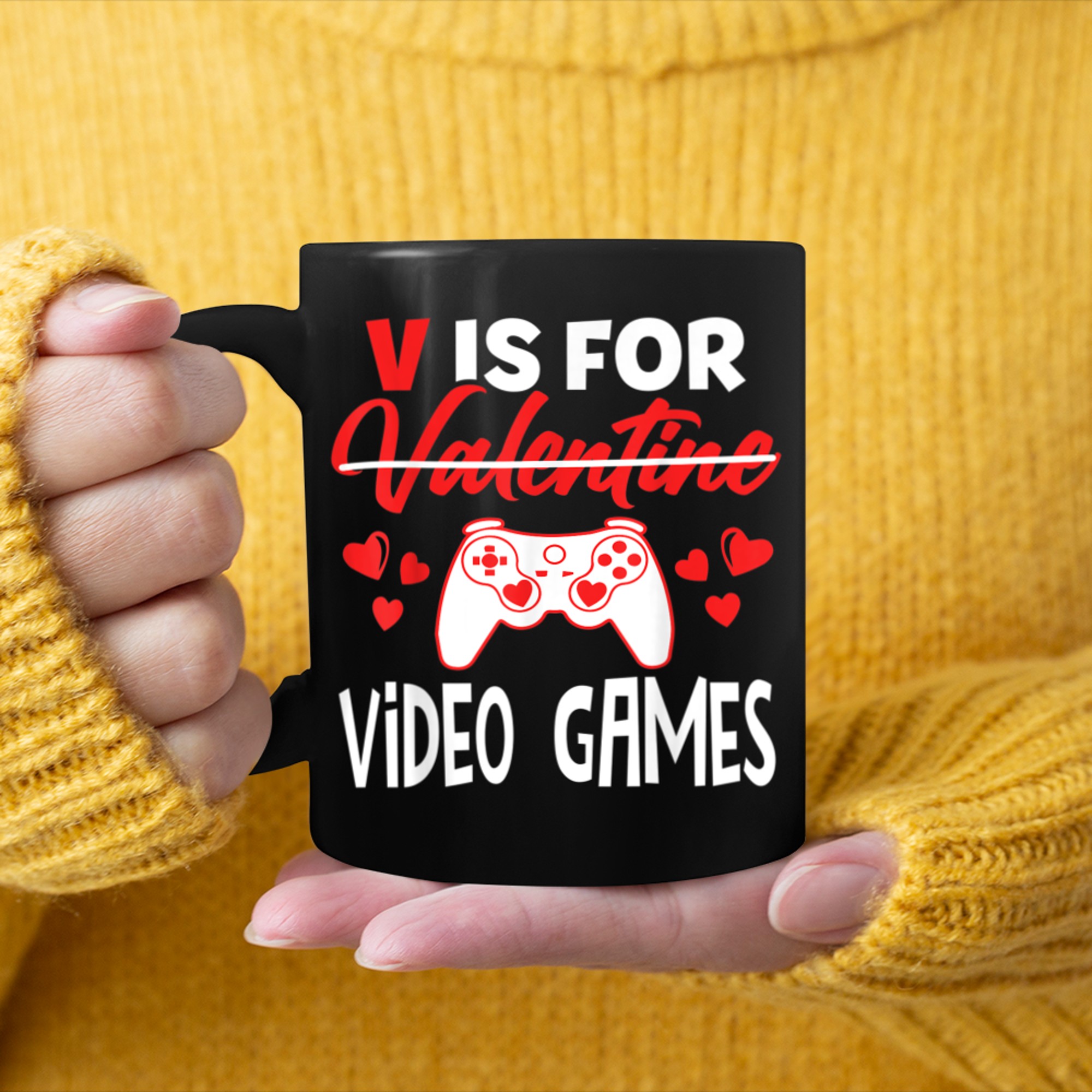 V Is For Video Games Funny Valentines Day Gamer Men Women (1) mug black