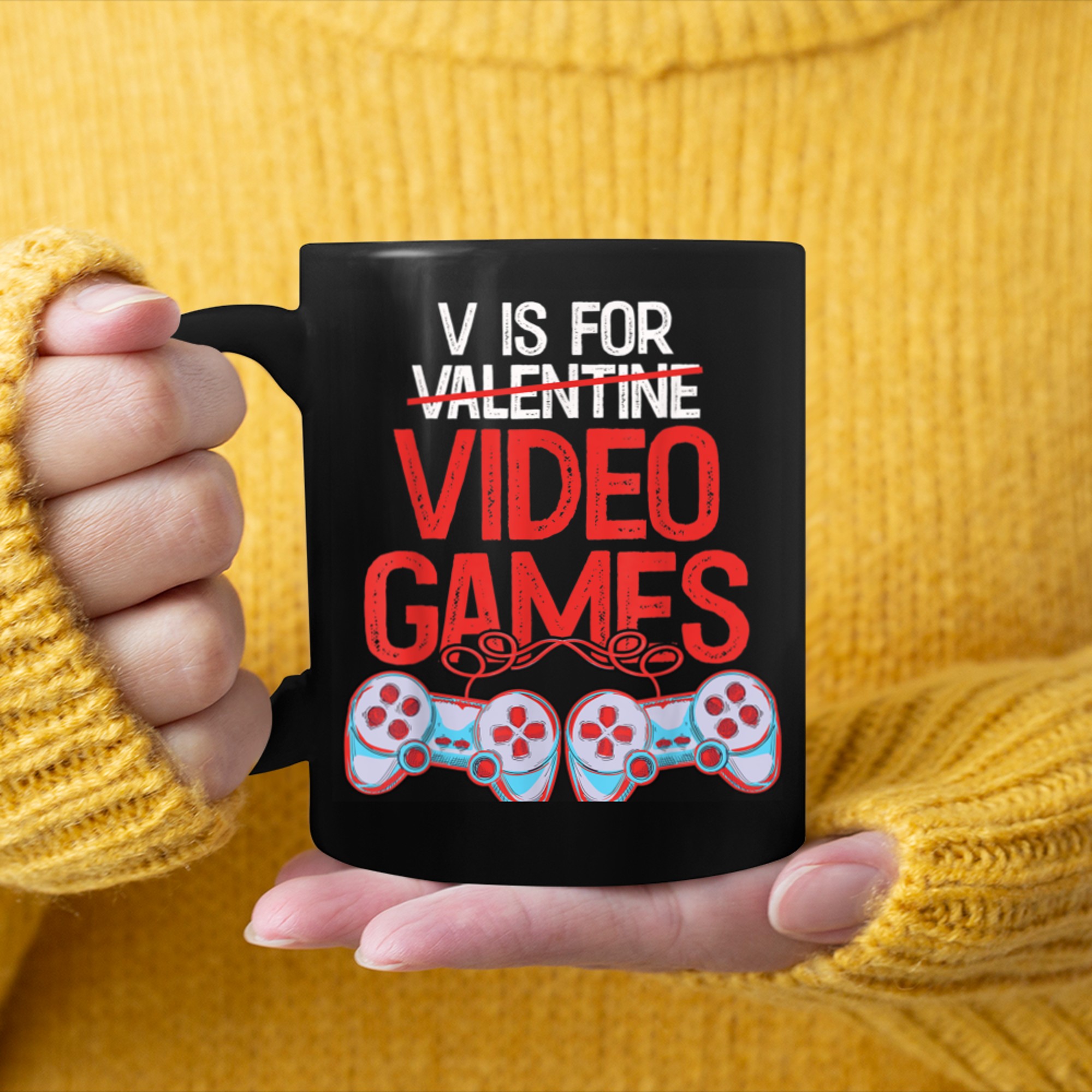 V Is For Video Games Funny Valentines Day Gamer Men Women mug black