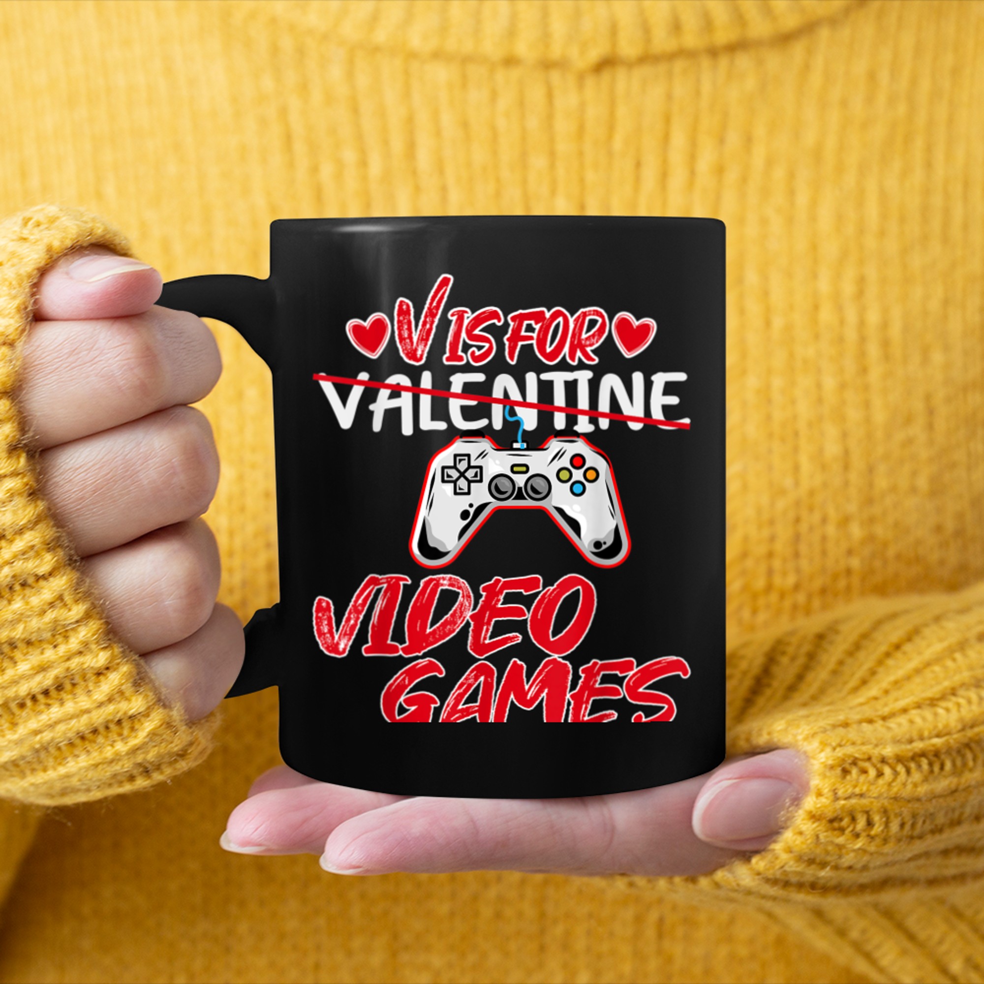 V Is For Video Games Funny Valentines Day Gamer Present mug black