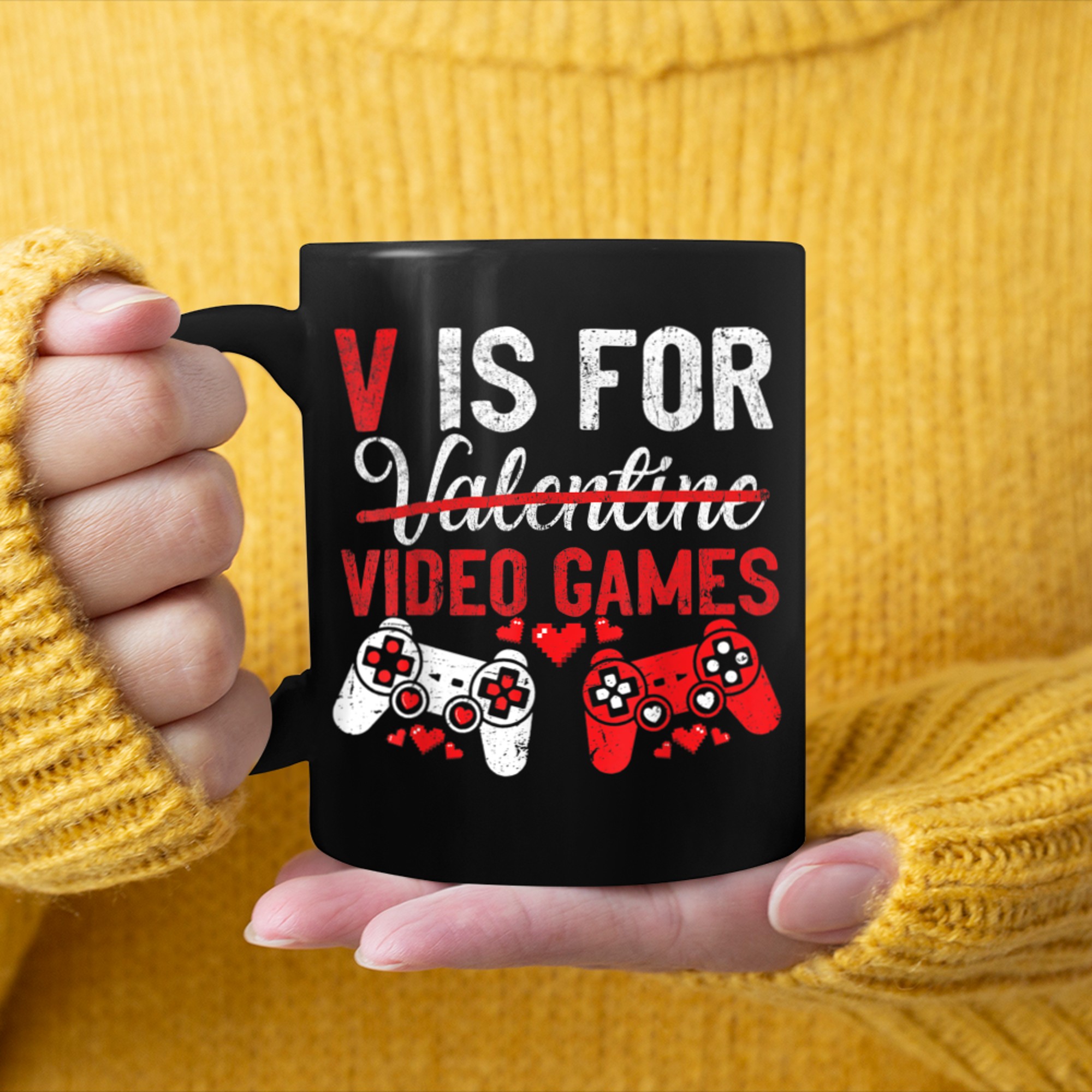 V Is For Video Games Funny Valentines Day Gamer Shirt Boys (2) mug black