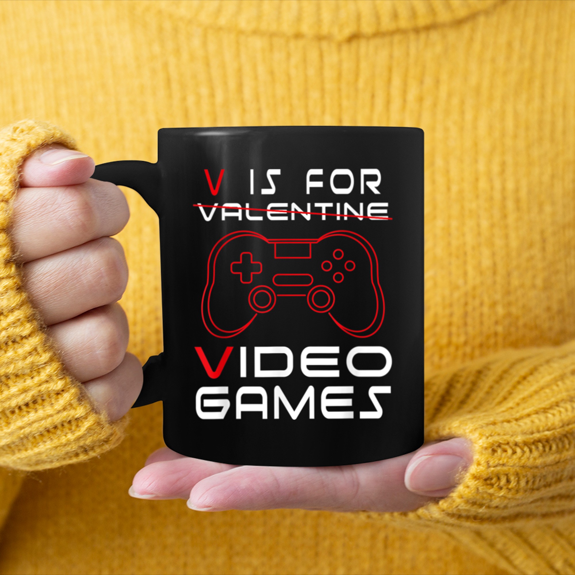 V Is For Video Games Funny Valentines Day Love Gaming mug black