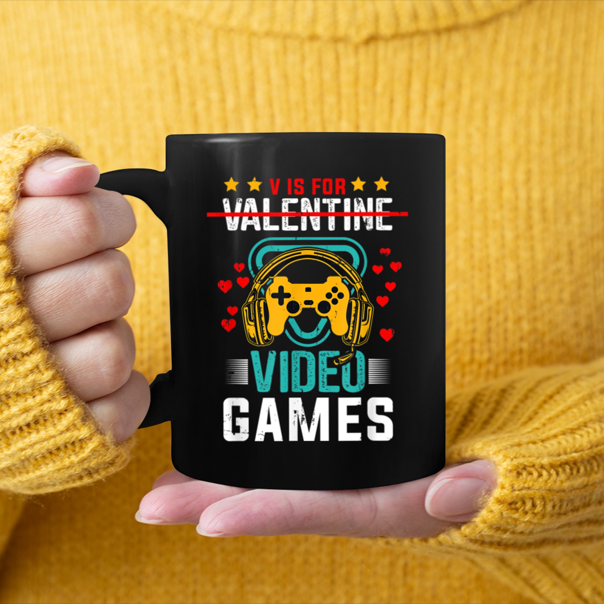 V Is For Video Games Funny Valentine's Day mug black