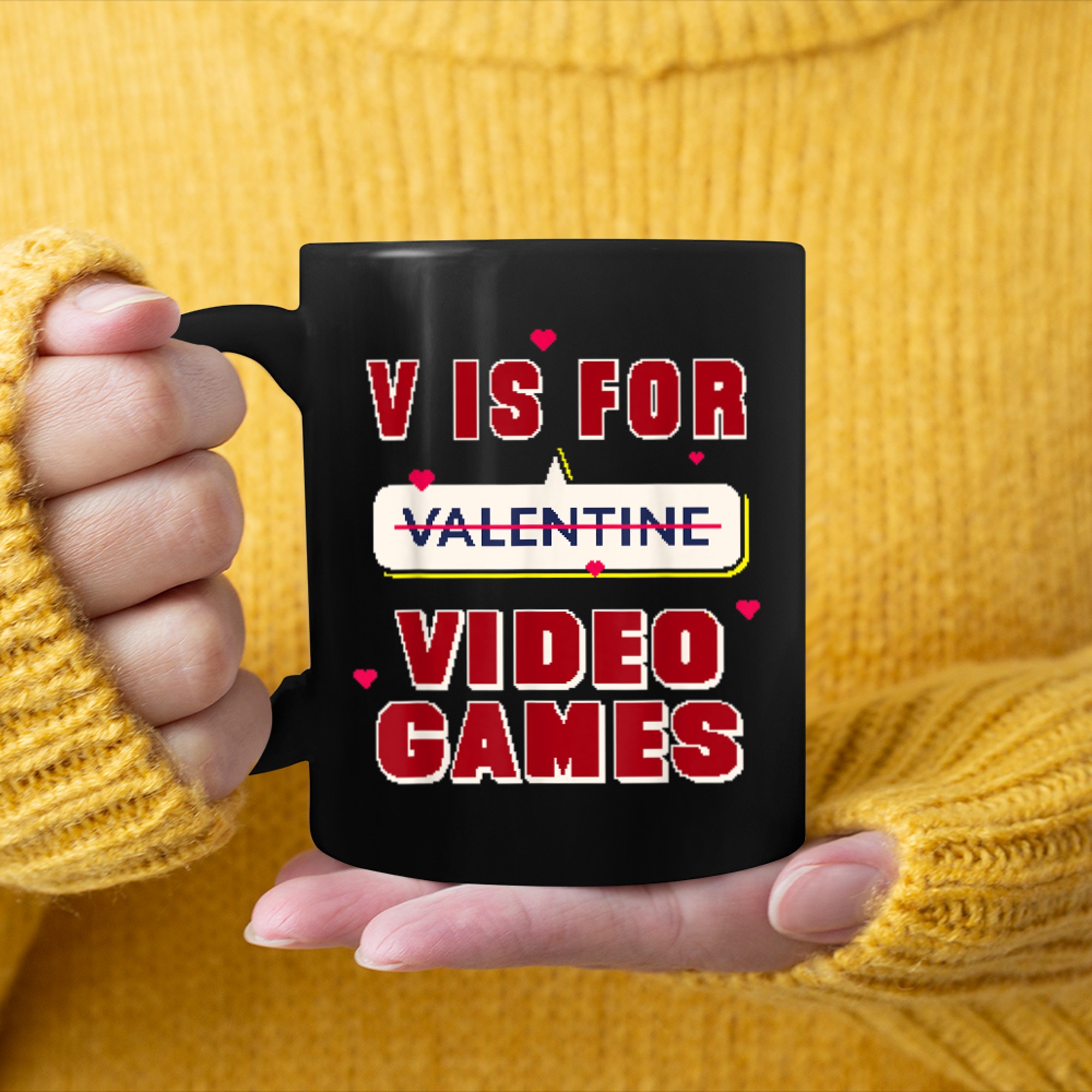 V is for Video Games Funny Valentine's Day Quote for Gamers (2) mug black