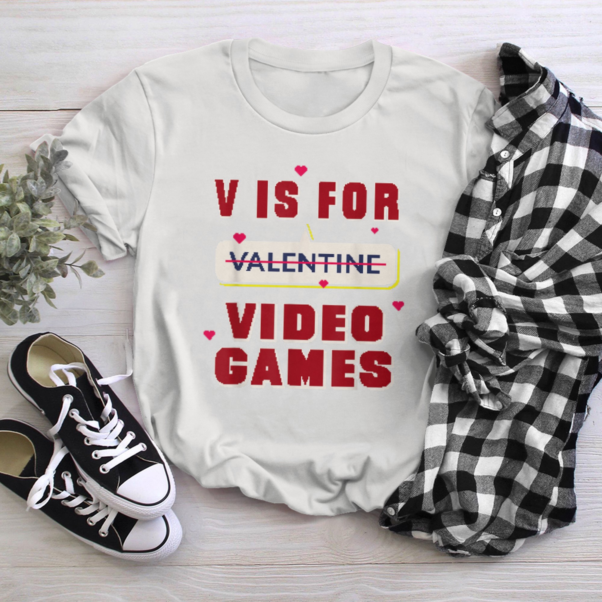 V is for Video Games Funny Valentine's Day Quote for Gamers (2) t-shirt white