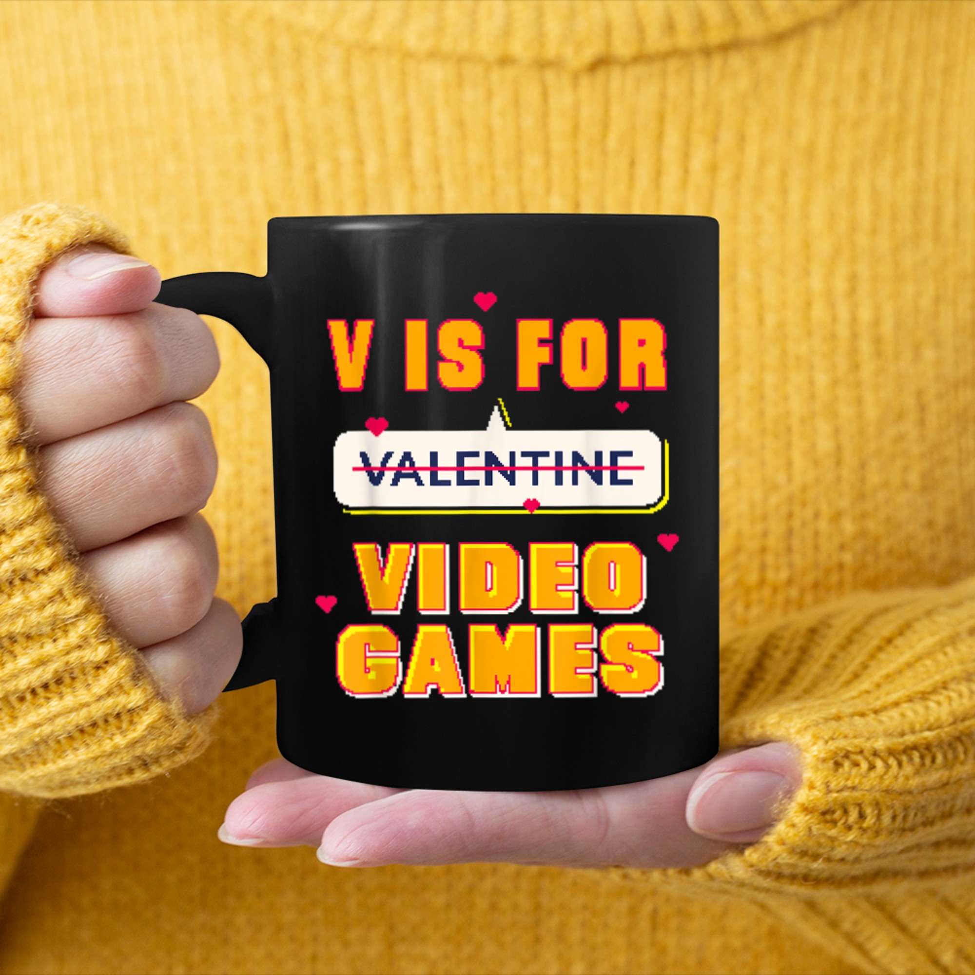 V is for Video Games Funny Valentines Day Quote Gaming mug black