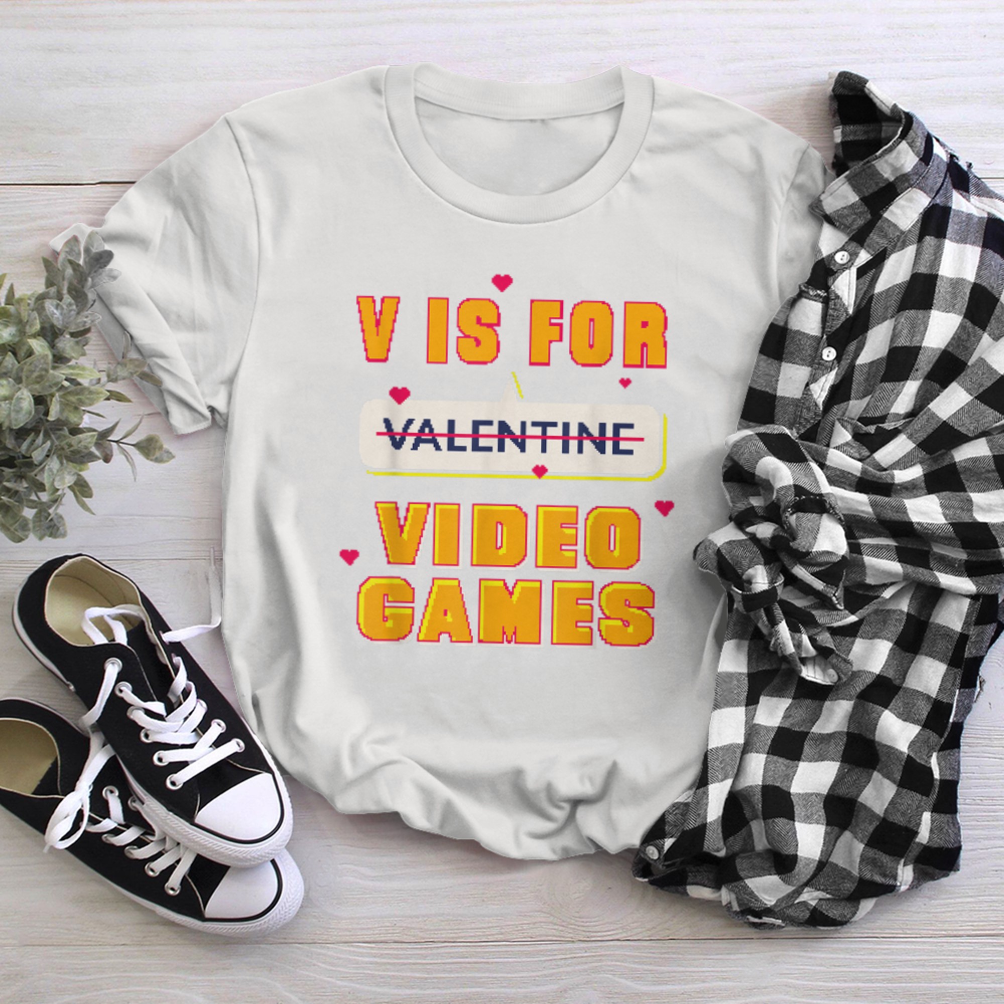 V is for Video Games Funny Valentines Day Quote Gaming t-shirt white