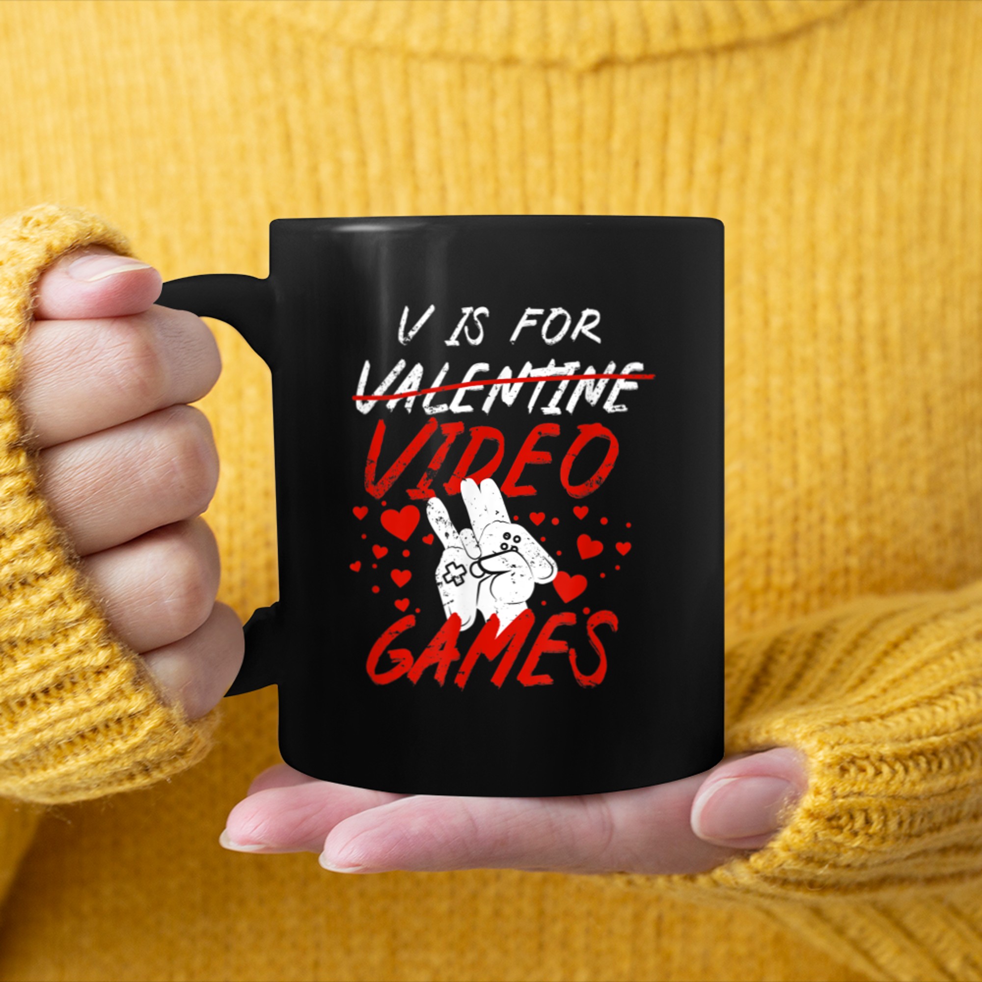 V is for Video Games Funny Valentines Day Shocker mug black