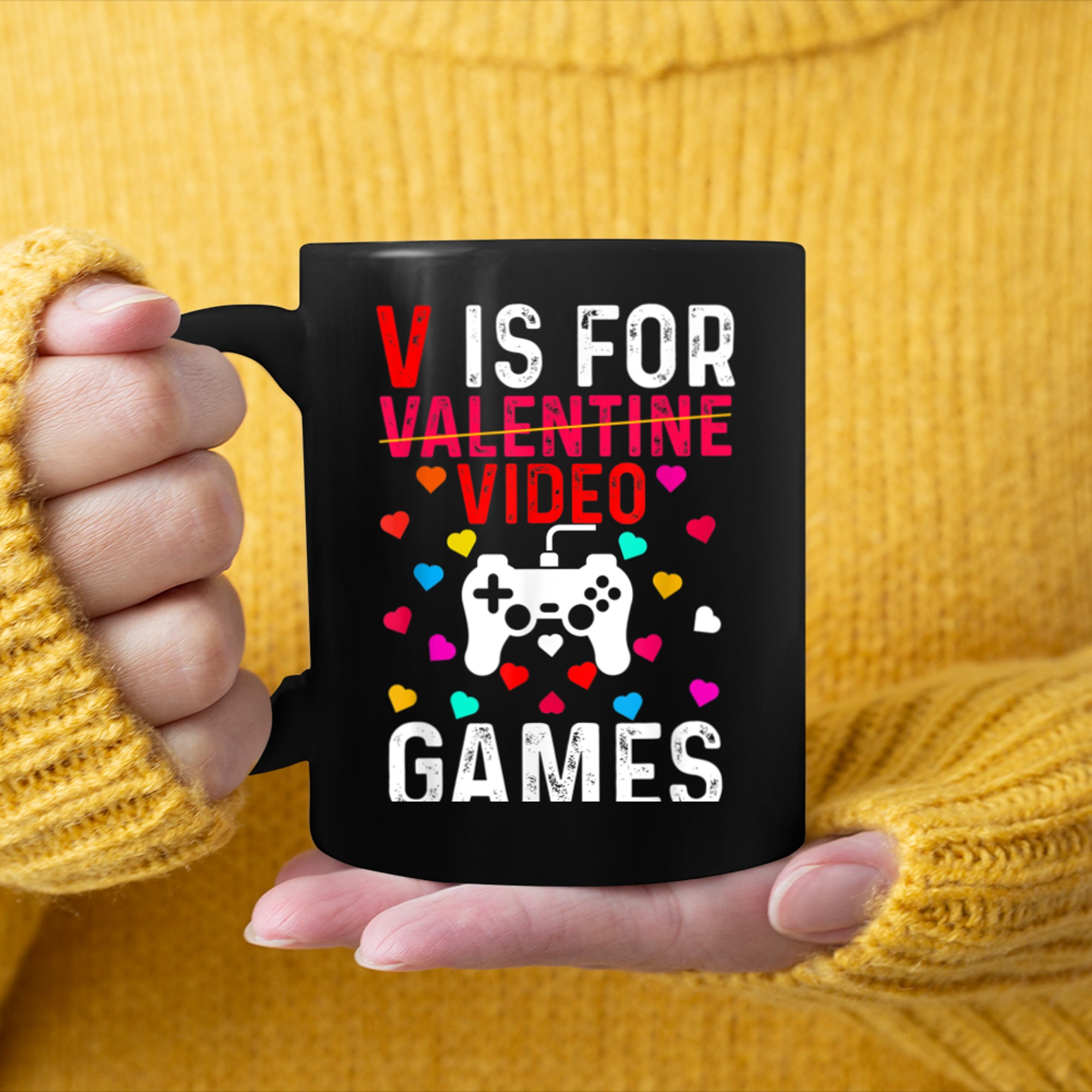 V Is For Video Games Funny Valentine's Day Video Gamer Kids mug black