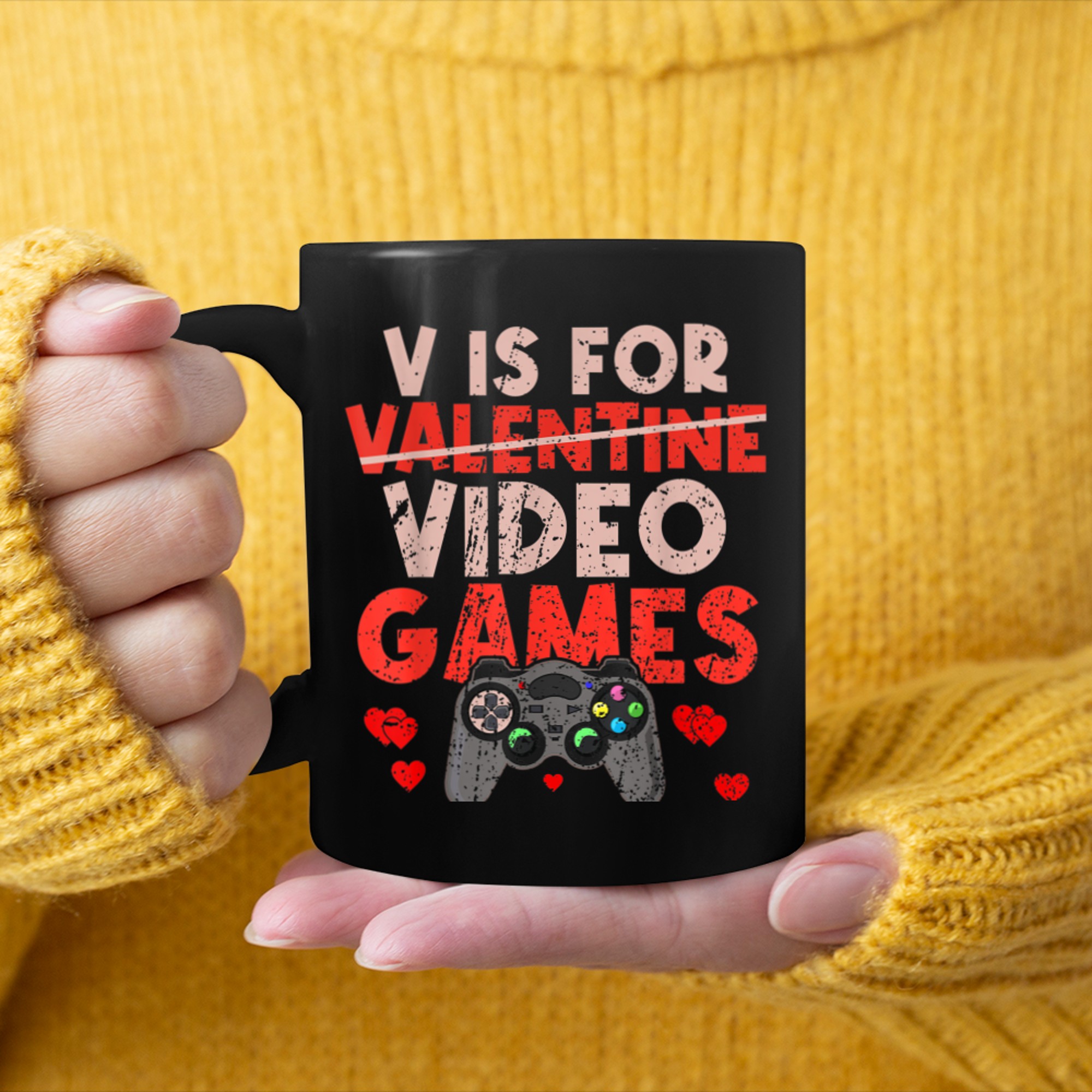 V Is For Video Games Funny Valentine's Day Video Gamer mug black