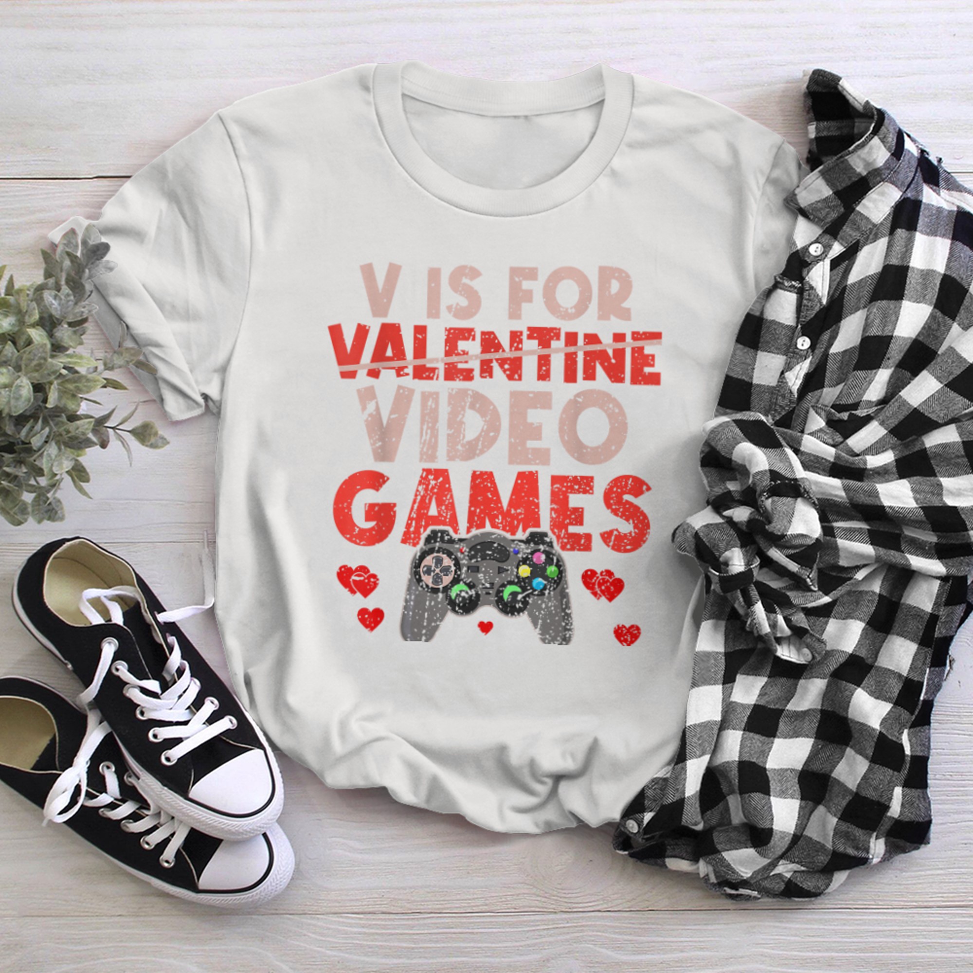 V Is For Video Games Funny Valentine's Day Video Gamer t-shirt white