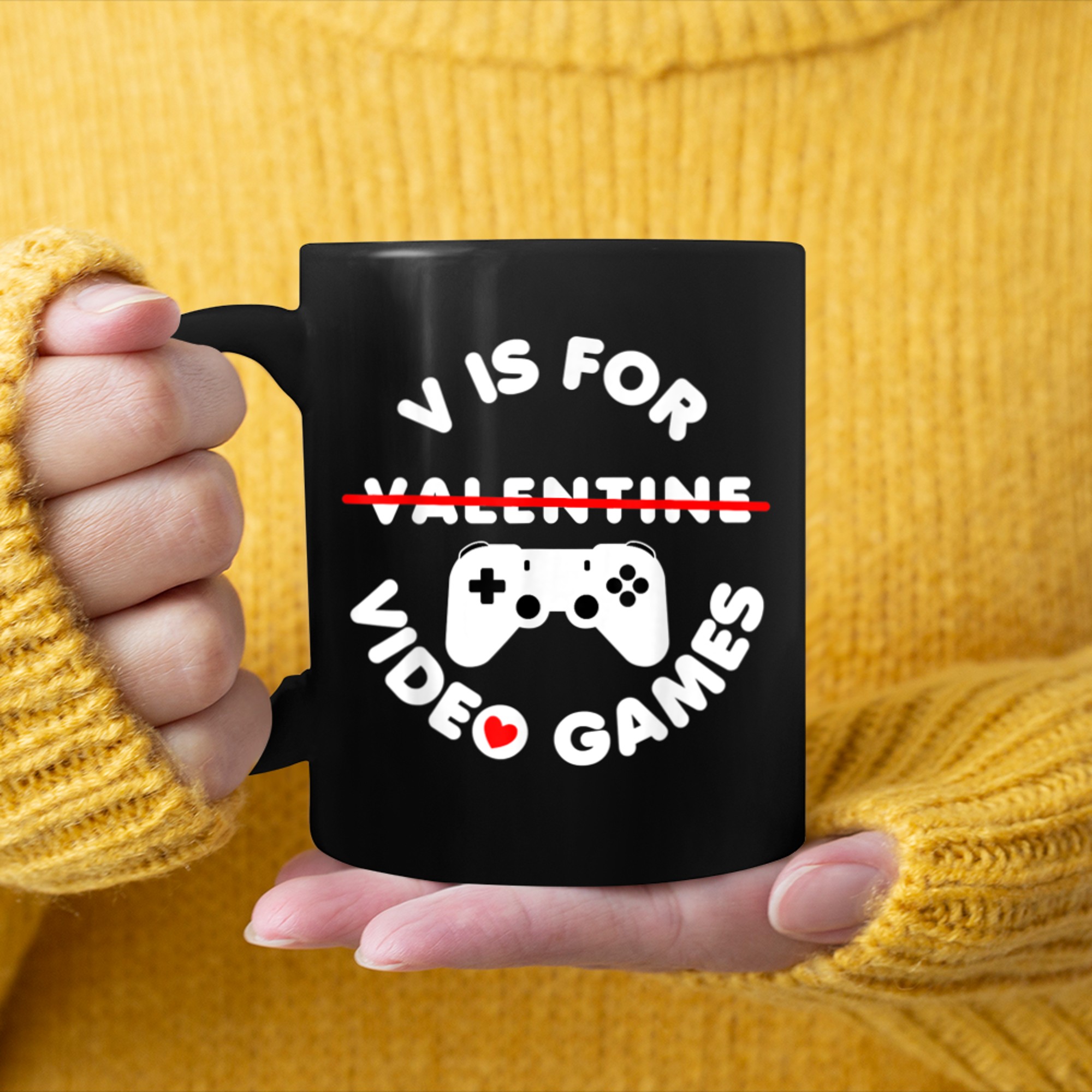 V Is For Video Games Funny Valentines Days For Gamers mug black