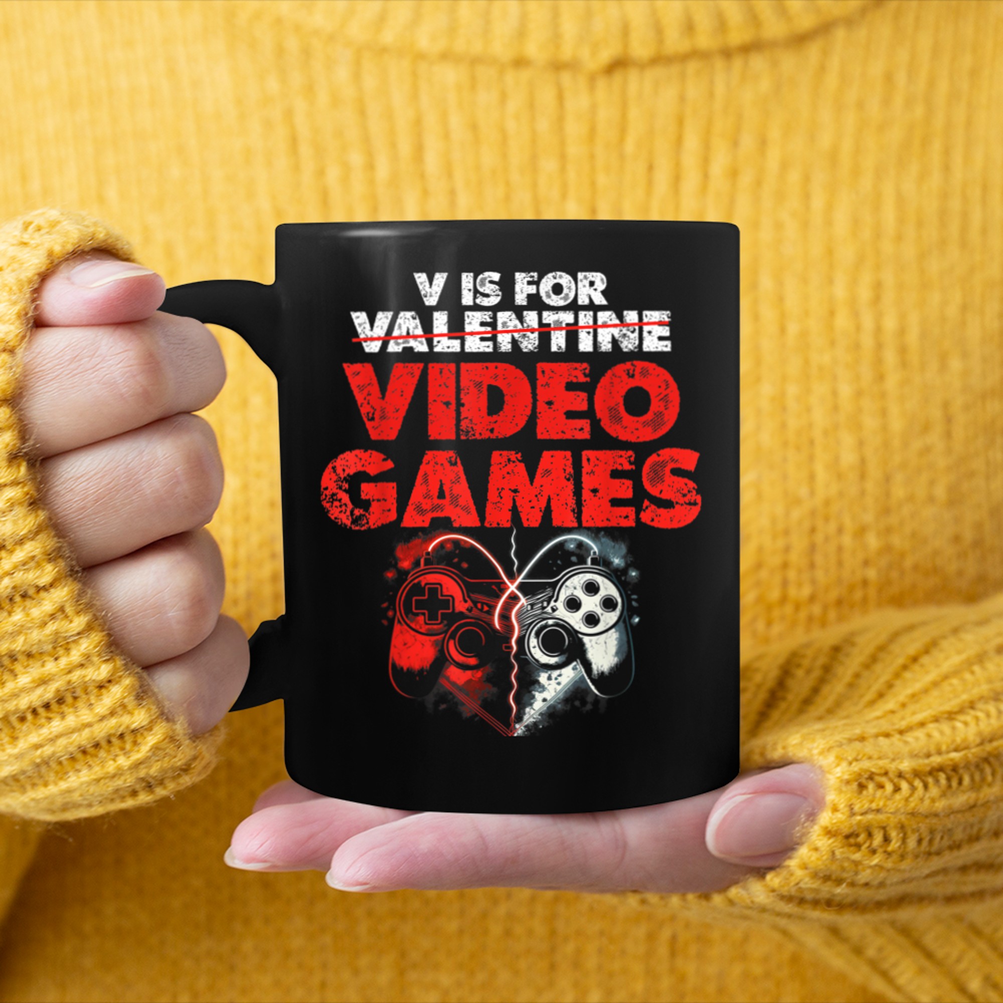 V Is For Video Games Funny Valentines Days Gamer Boy mug black