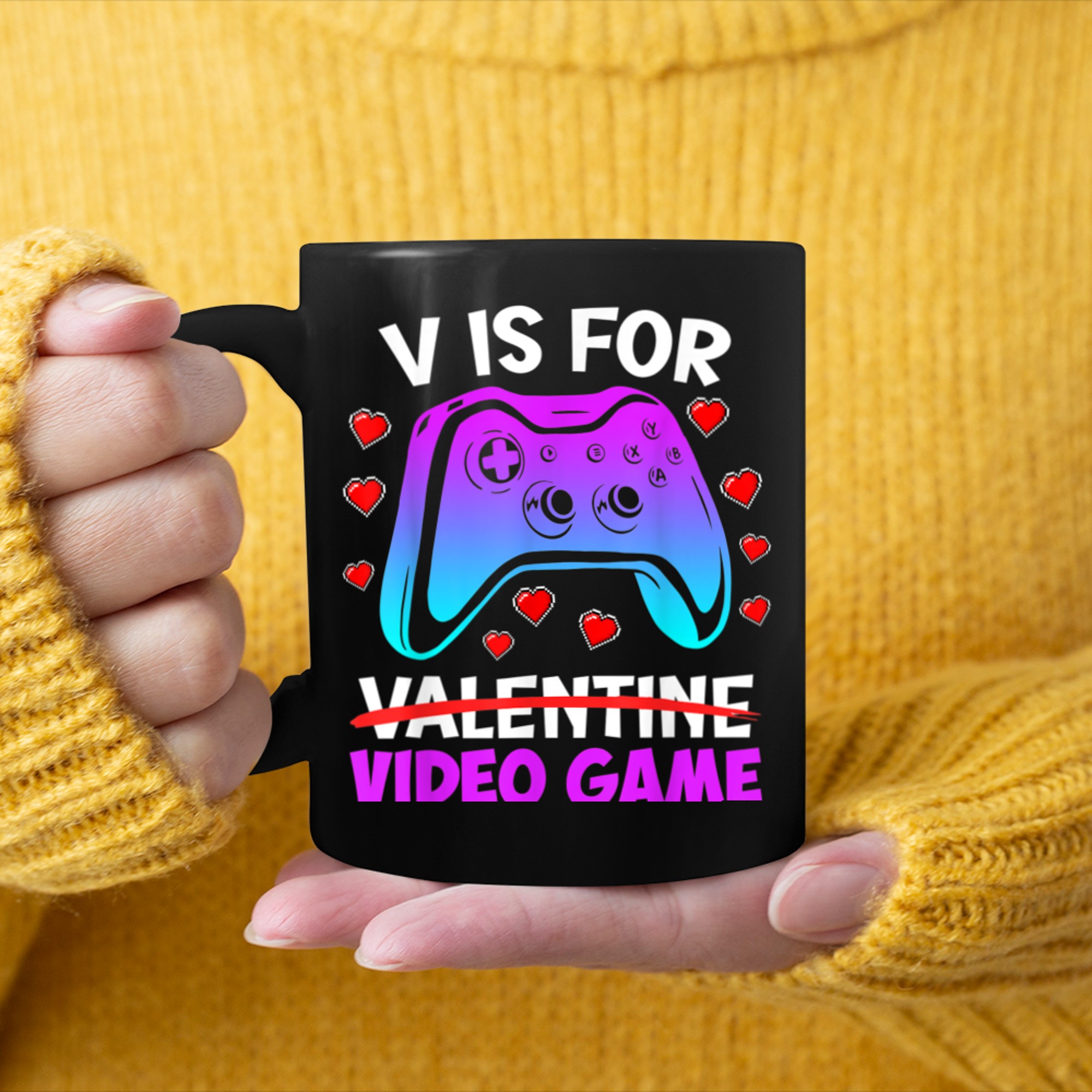 V is for video games gambling Valentine's Day (2) mug black