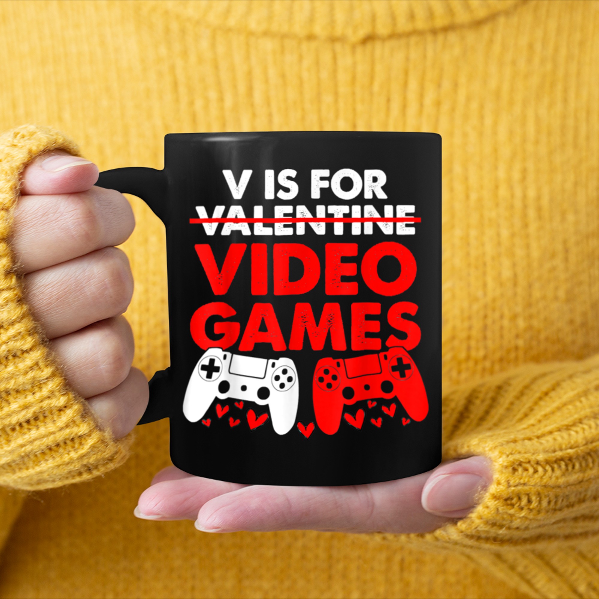 V Is For Video Games Gamer Boy Men Funny Valentines Day (5) mug black