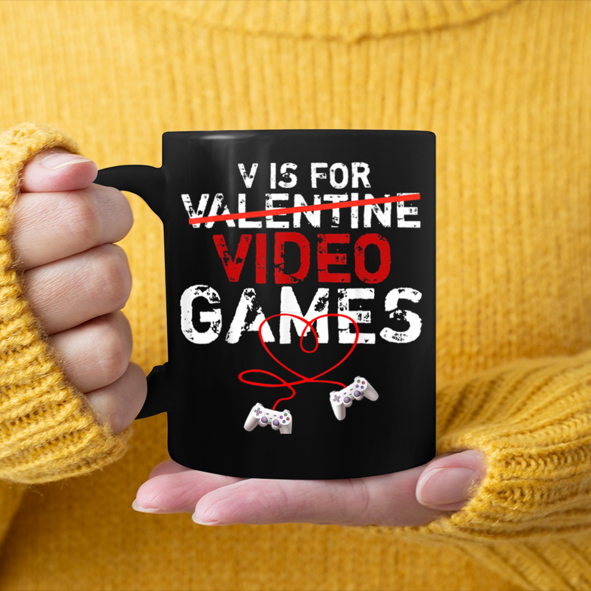 V Is For Video Games Gamer Boy Men Funny Valentines Day mug black