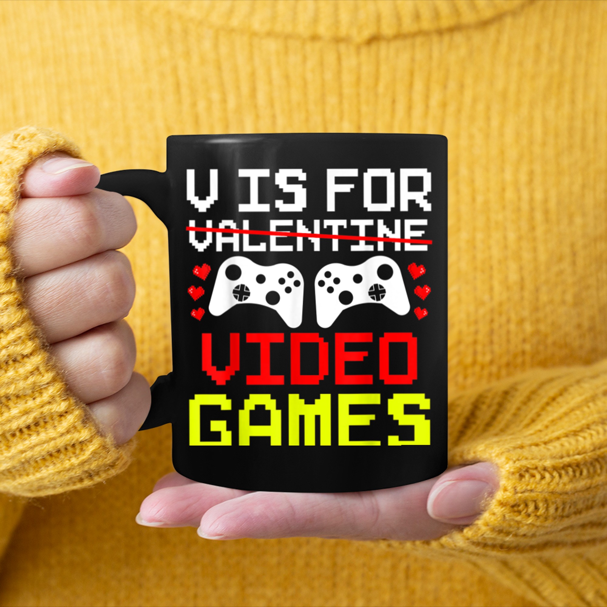 V Is For Video Games Gamer Couple Valentine's Day mug black