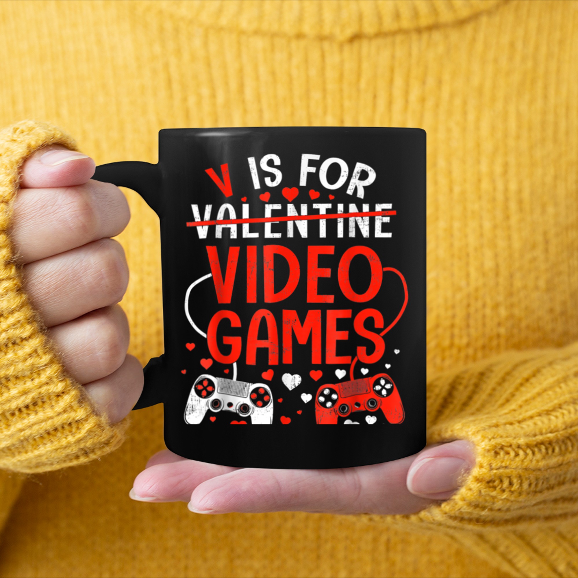 V Is For Video Games Gaming Controllers Funny Valentines Day mug black