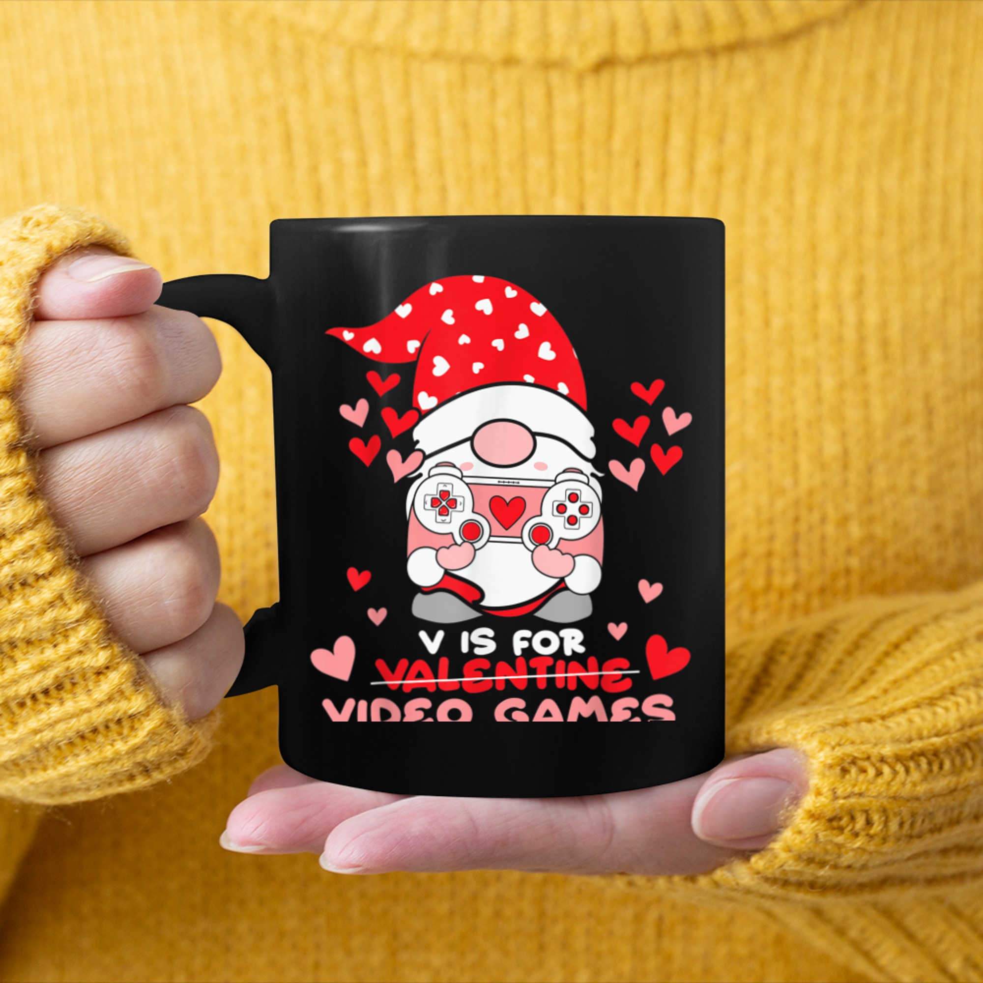 V Is For Video Games Gnome Valentines Day Gamer Boy Men mug black