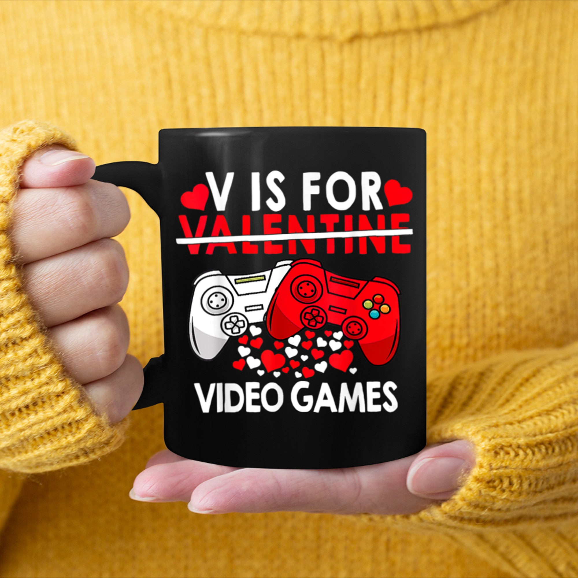 V Is For Video Games Happy Valentines Day Gamer Men Boys mug black