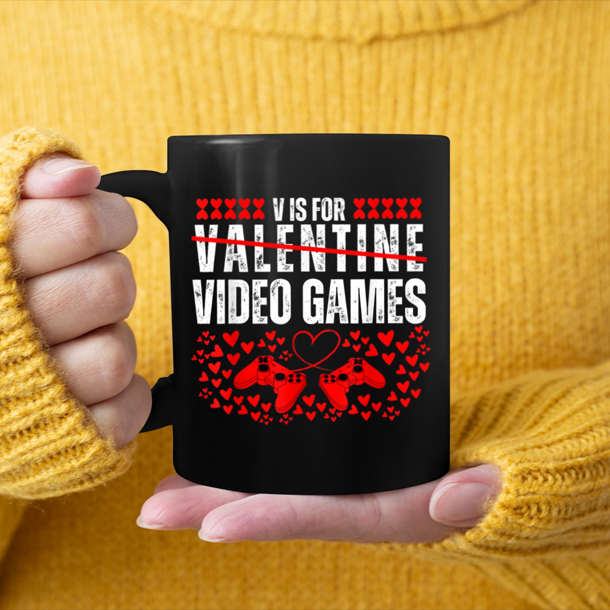 V Is for Video Games Loverss Funny Valentines Day Gamer mug black