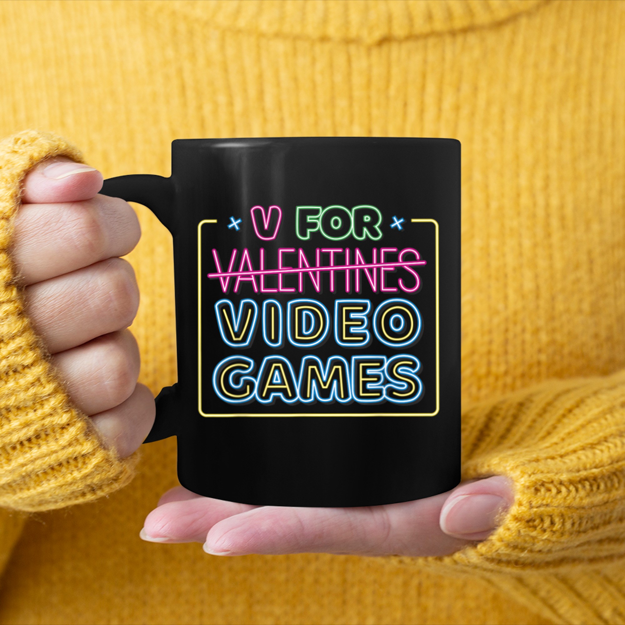 V Is For Video Games Neon Sign Funny Valentines Day Gamer mug black