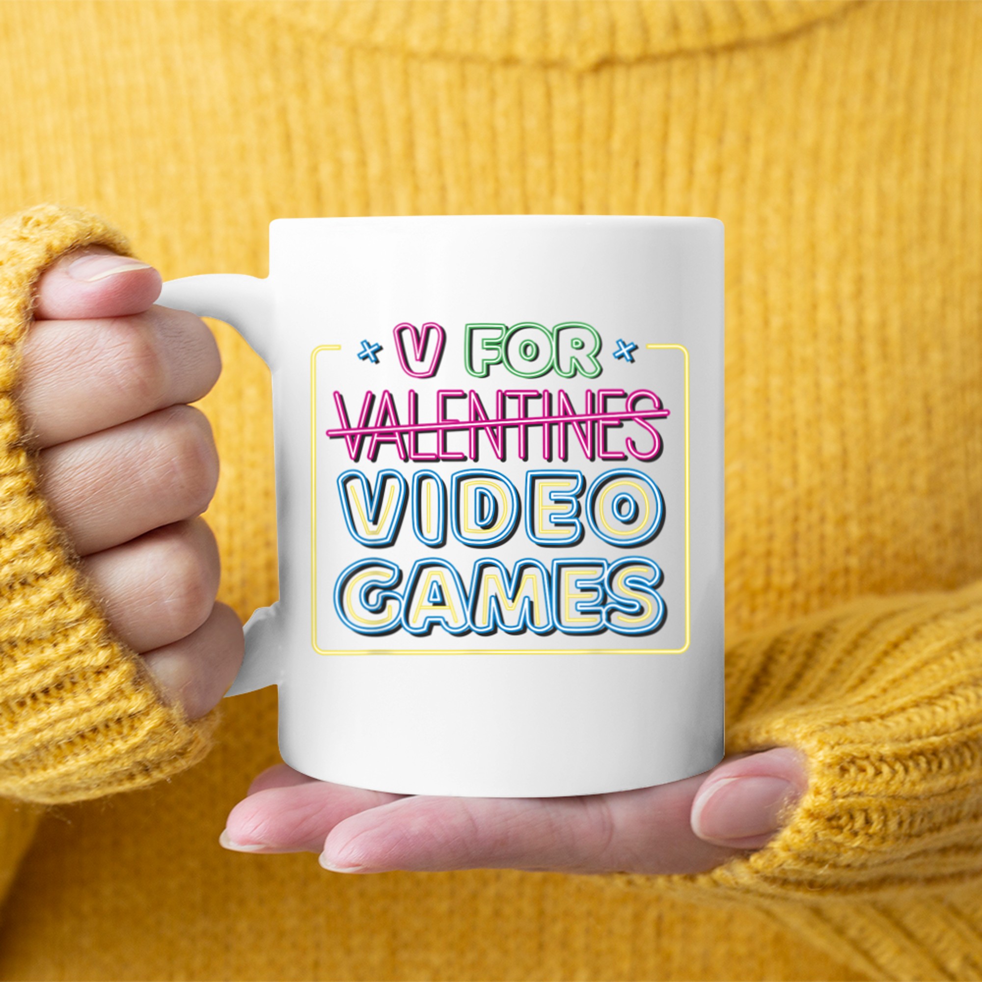 V Is For Video Games Neon Sign Funny Valentines Day Gamer mug white