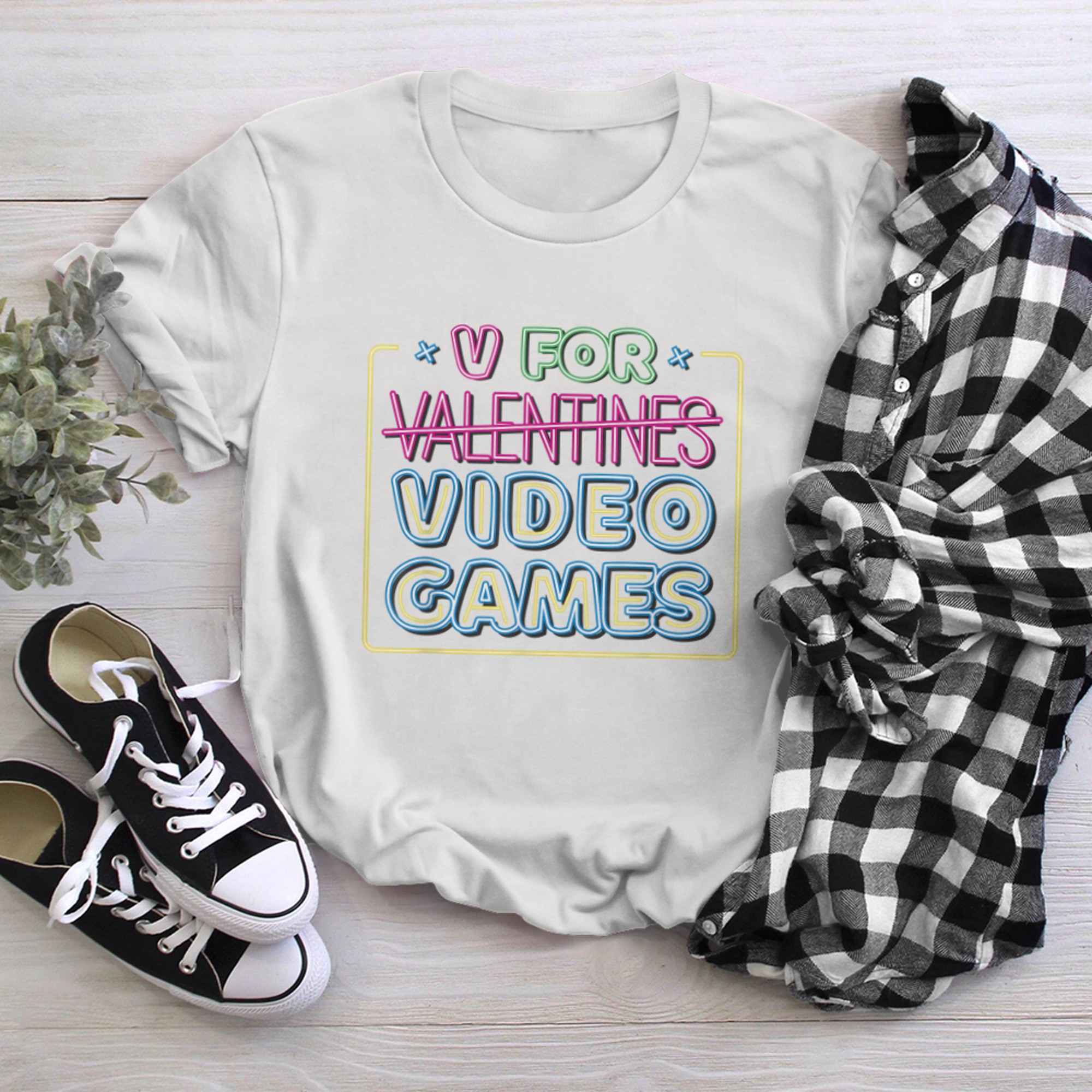 V Is For Video Games Neon Sign Funny Valentines Day Gamer t-shirt white