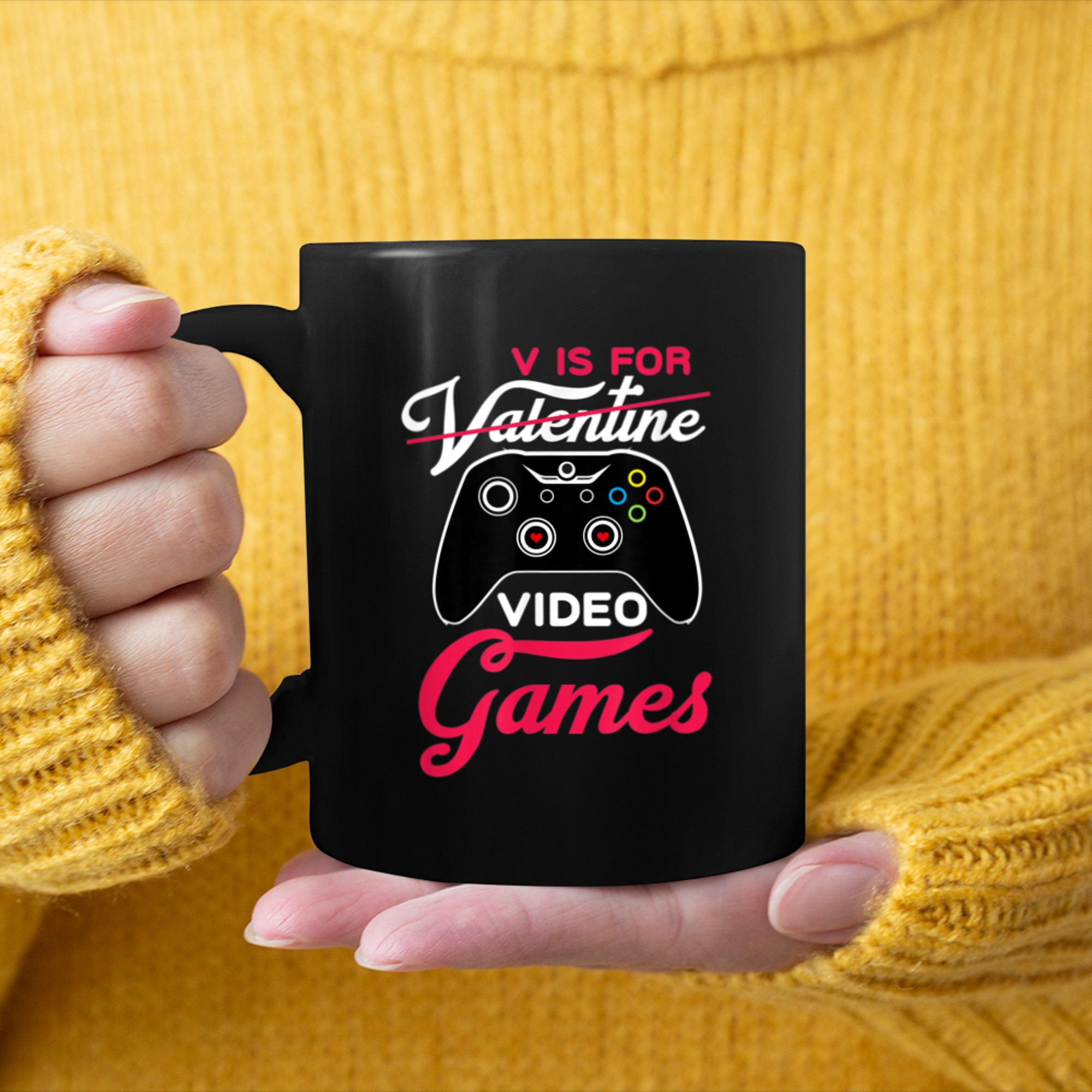 V Is For Video Games Not Valentine Gamers Valentine's Day mug black