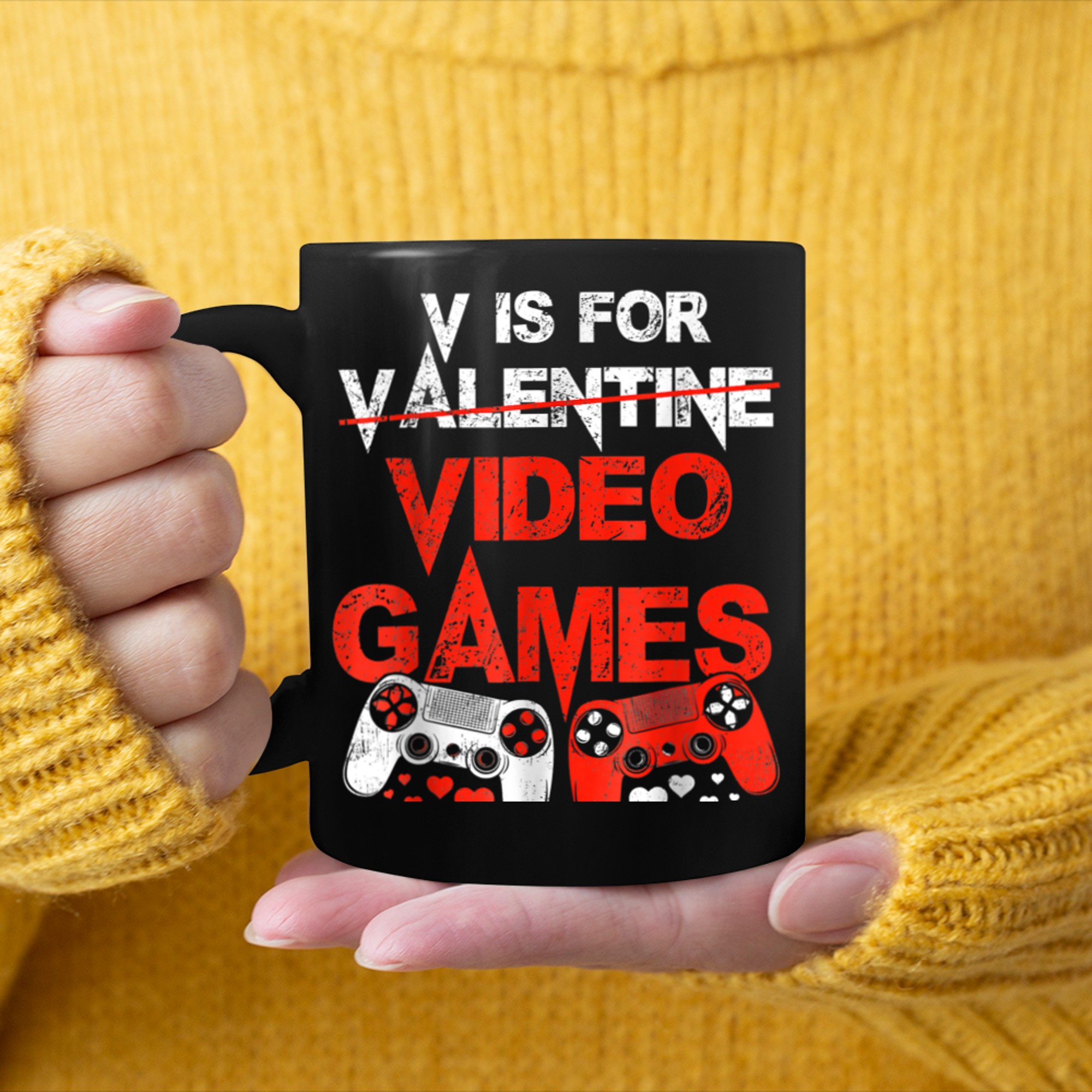 V is for Video Games Not Valentines Day Cute Gamer Boys Mens (1) mug black