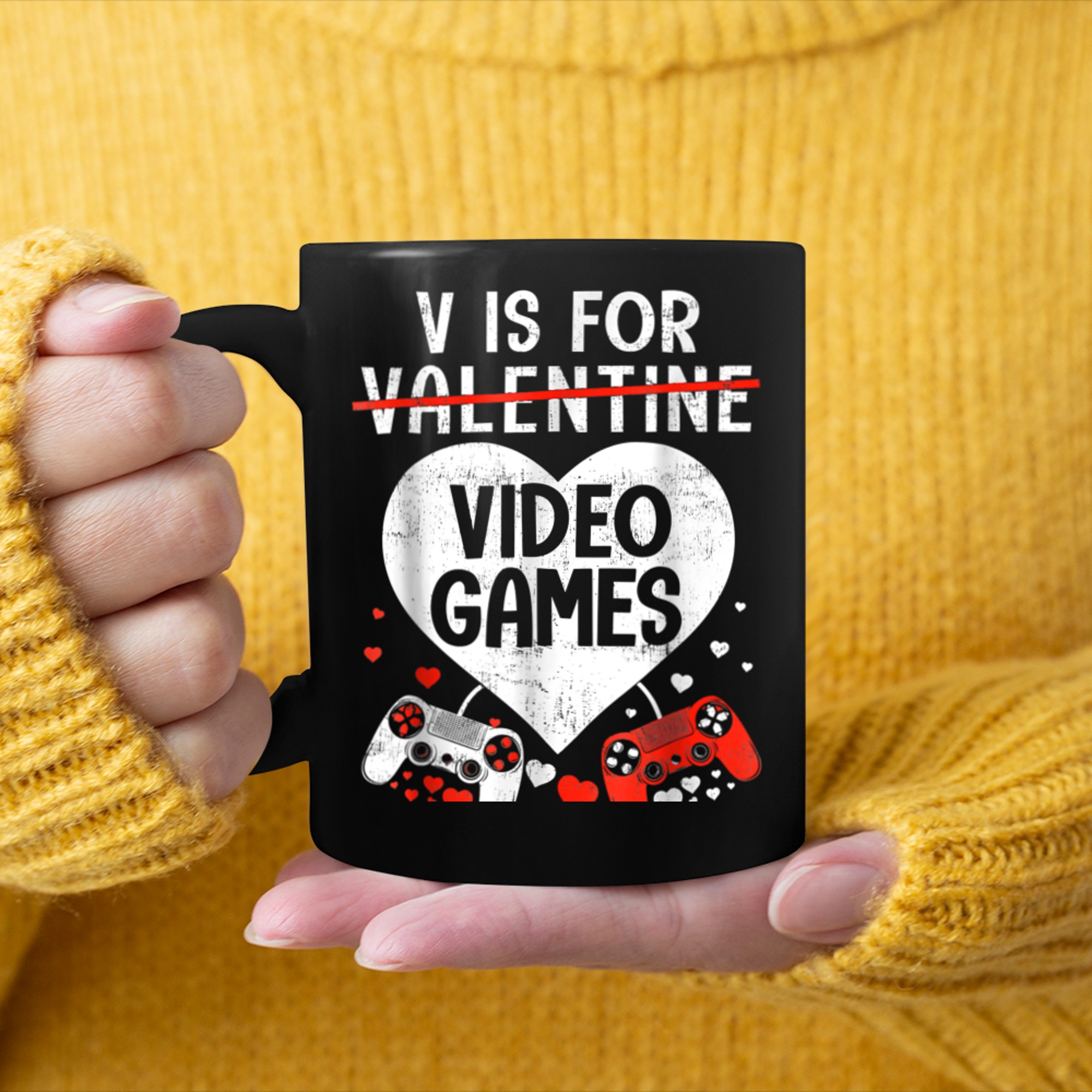 V is for Video Games Not Valentines Day Cute Gamer Boys Mens (2) mug black