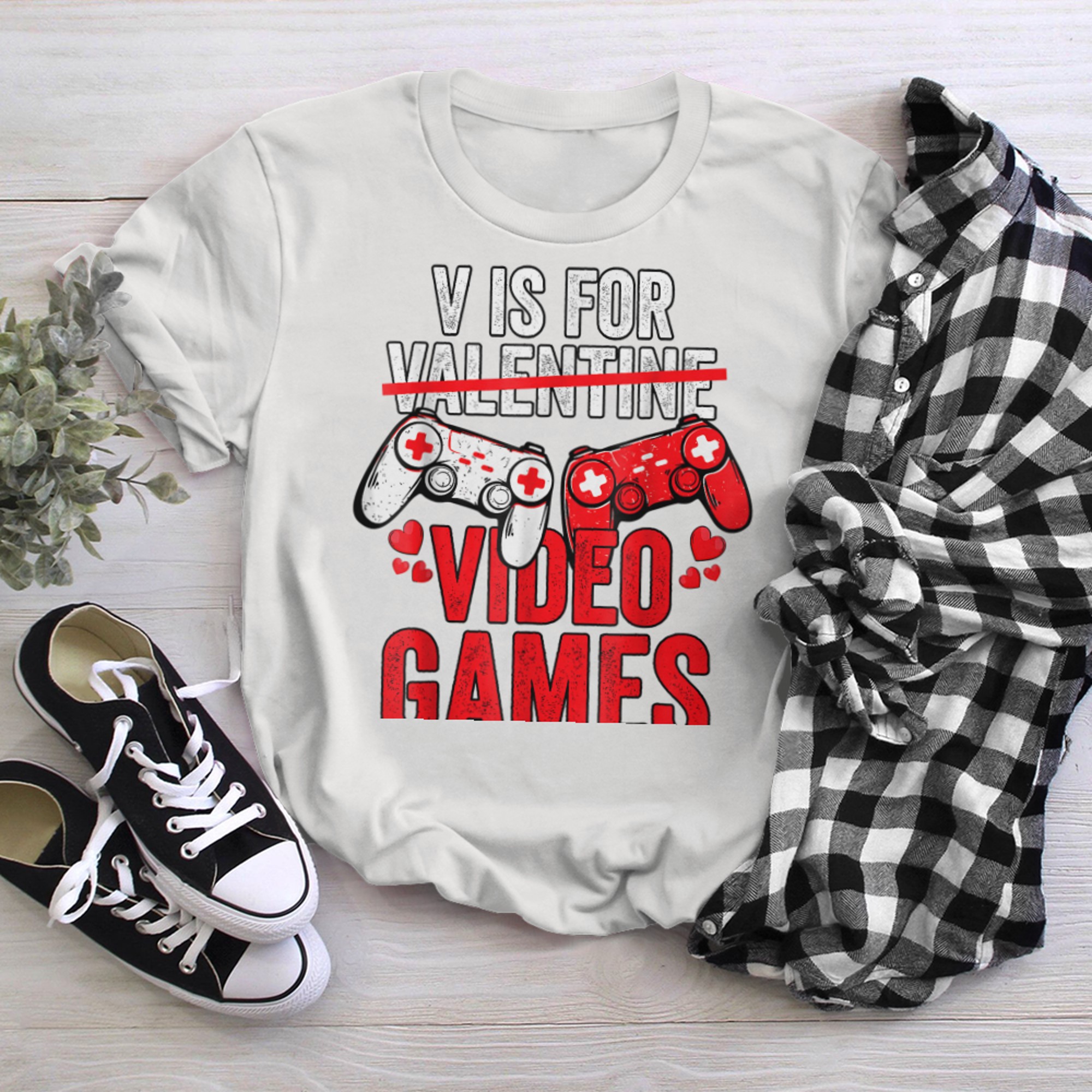 V is For Video Games Not Valentines Day Funny Gamer Player (3) t-shirt white