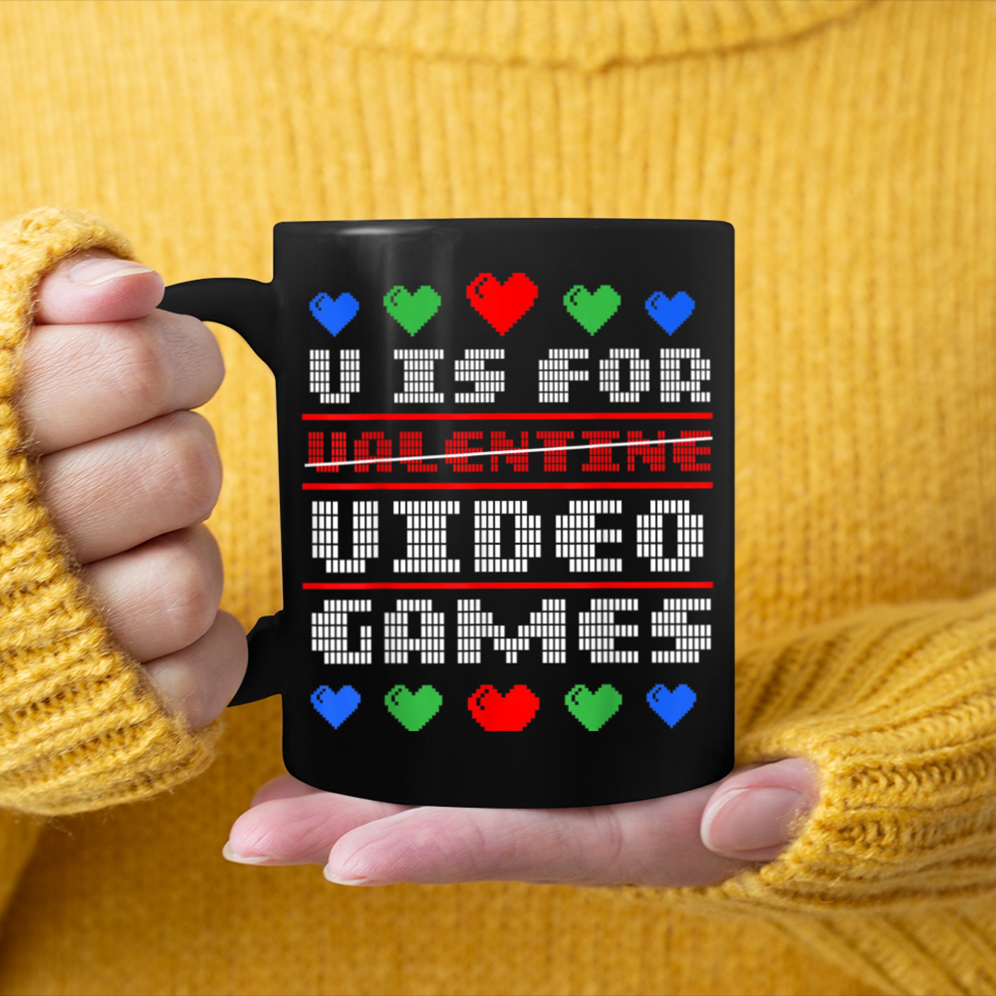 V Is For Video Games Shirt Pixelart Gamer Valentine's Day mug black