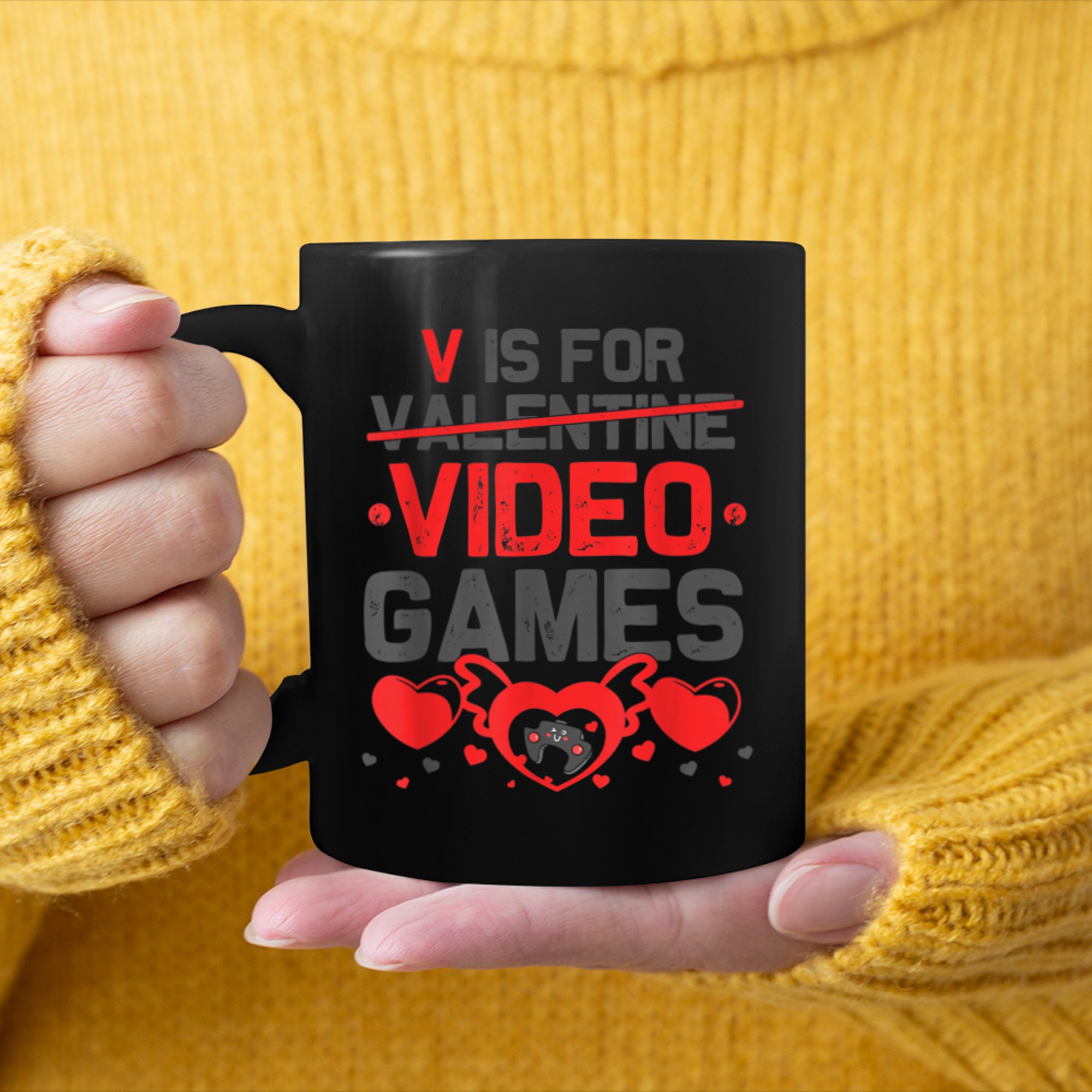 V Is For Video Games TShirt Valentines Day Gamer Boy Men mug black