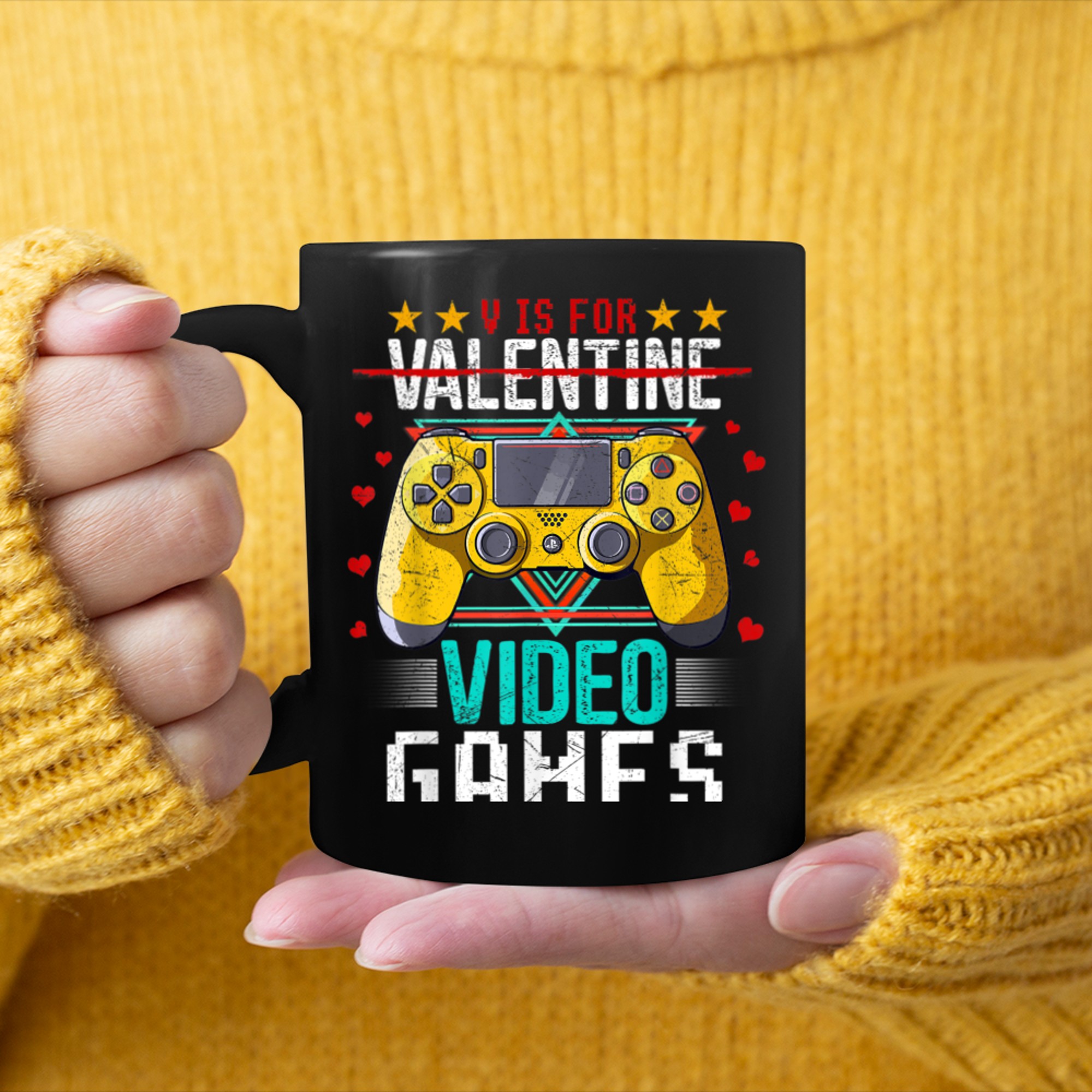 V Is For Video Games Valentine Men Kid Boys Gamer Gaming mug black