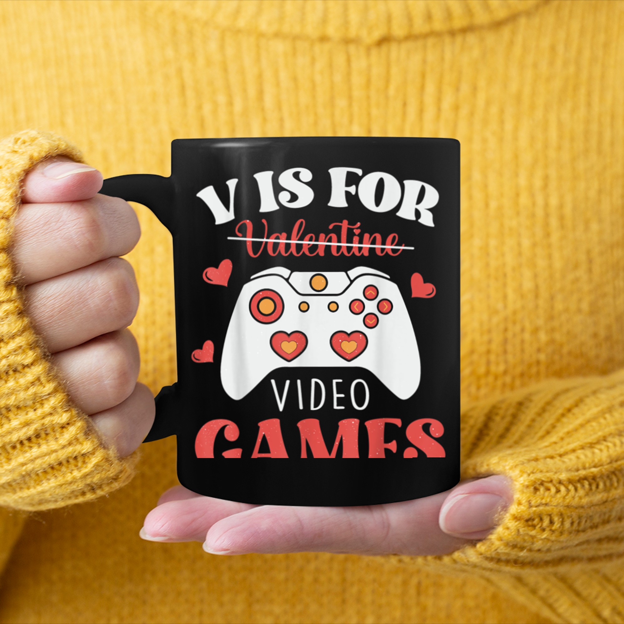 V Is For Video Games Valentine's Day 2023 mug black