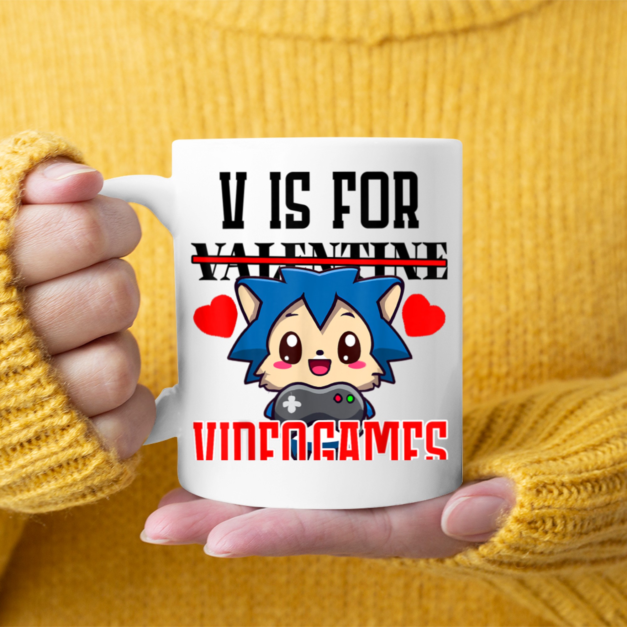 V Is For Video Games Valentines Day Anime Kawaii Hedgehog (1) mug white