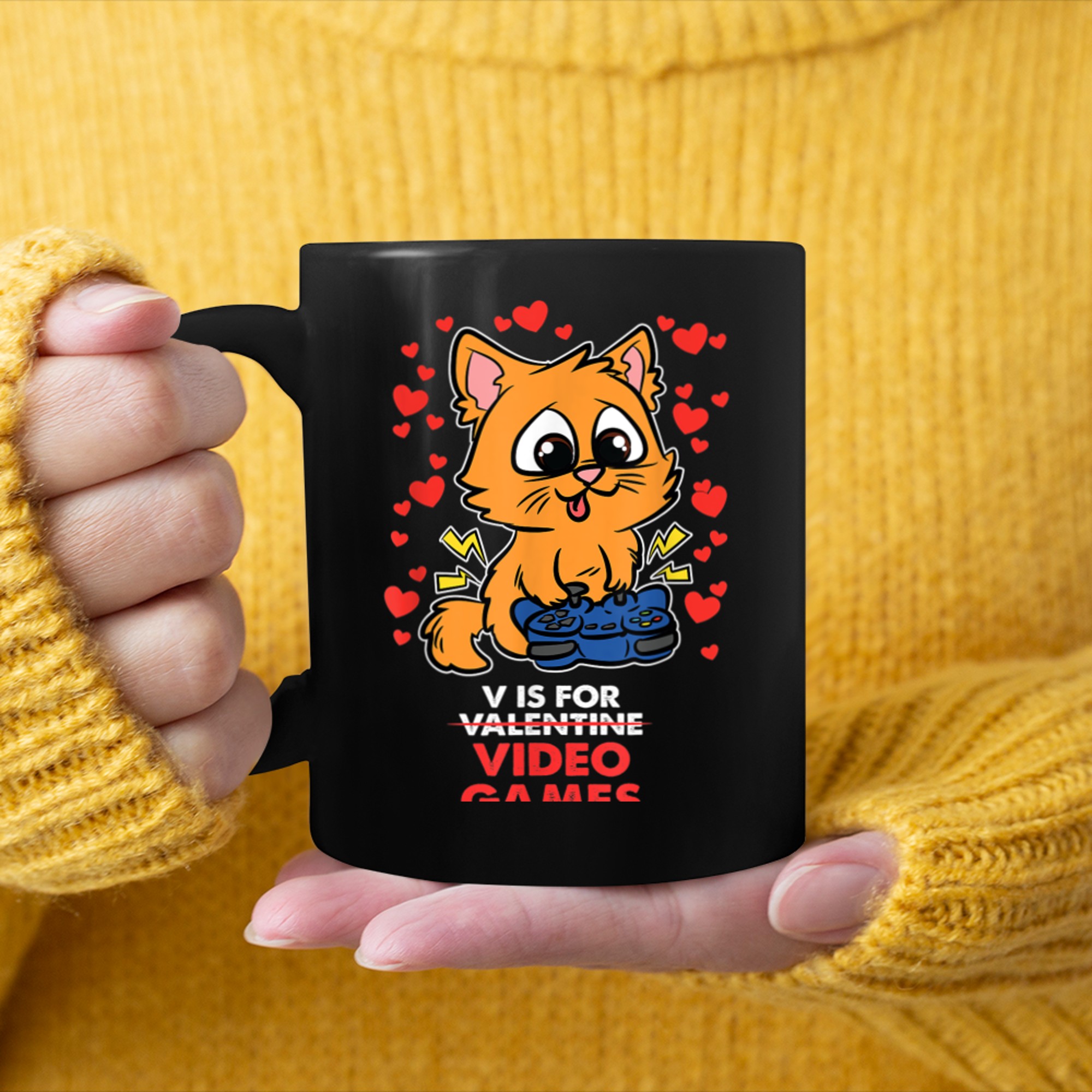 V Is For Video Games Valentines Day Cute Cat Gaming Gamer mug black