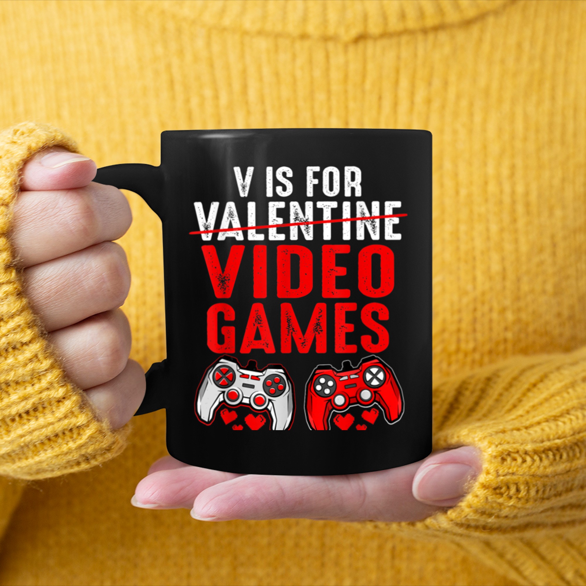 V Is For Video Games Valentine's Day Funny Boy Men Graphic mug black