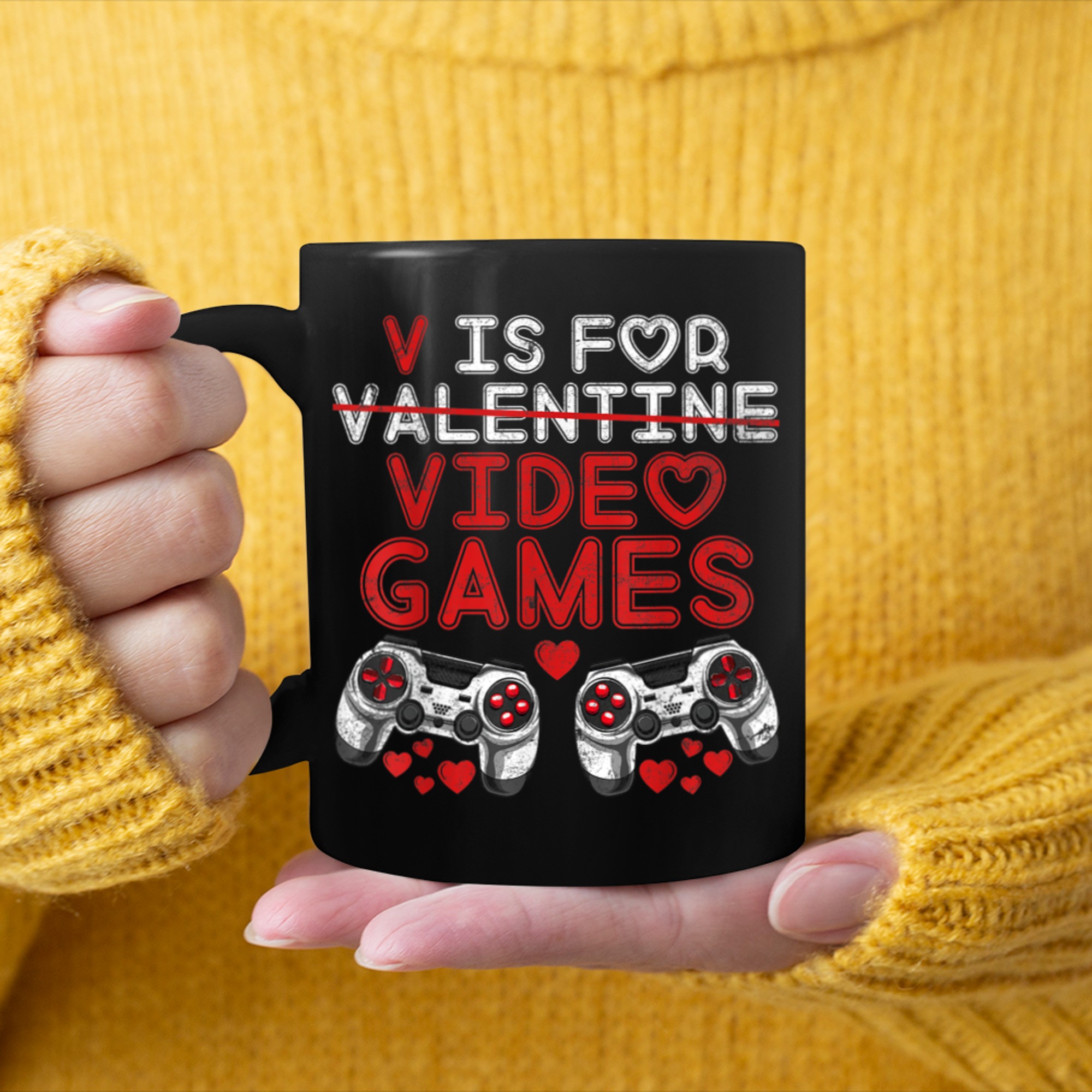 V Is For Video Games Valentines Day Funny Boys Kids mug black