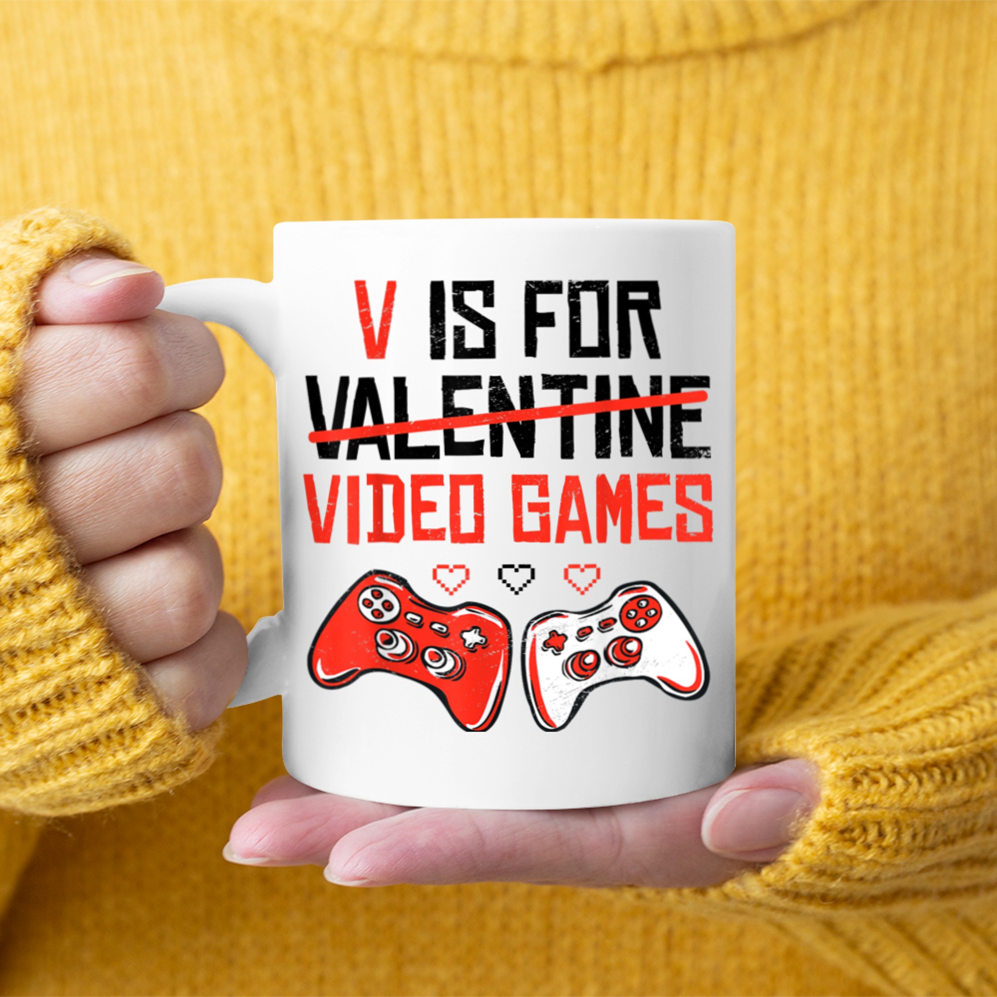 V Is For Video Games Valentines Day Funny Gamer Boy Girl Men mug white